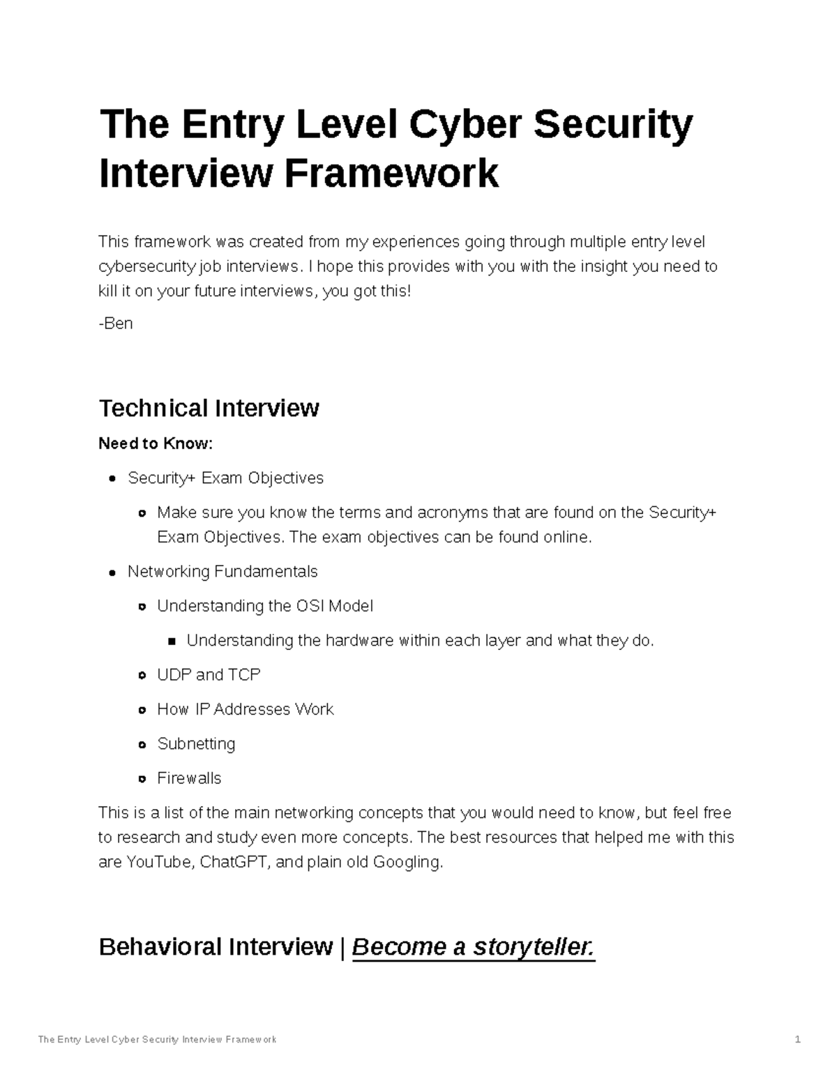 Entry Level Cyber Security Interview Framework - I hope this provides ...