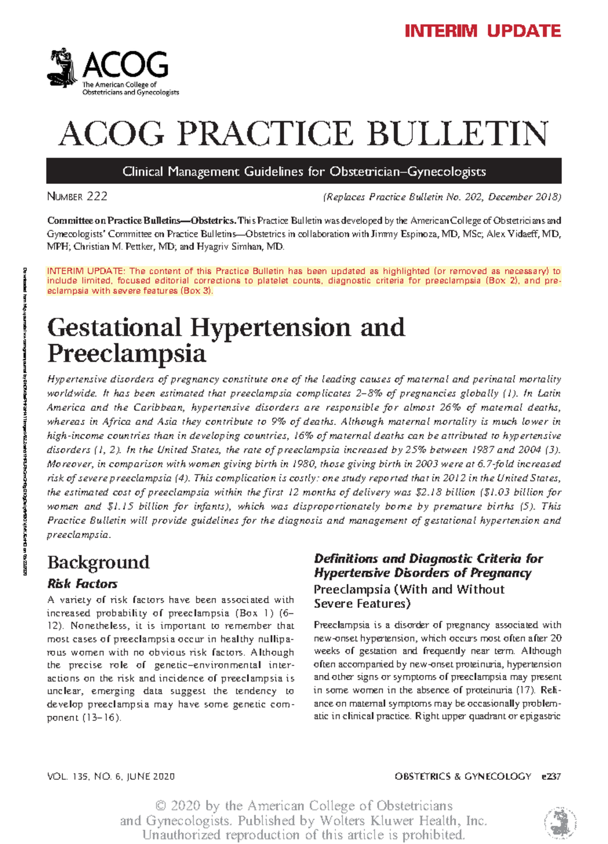 The Acog Bulletin 222 2020 - Downloaded From Journals.lww/greenjournal ...