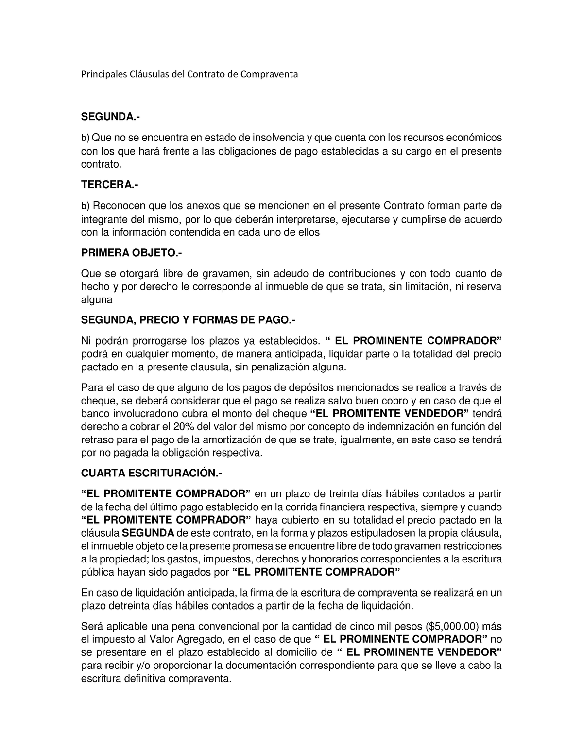 Principales Cláusulas Del Contrato De Compraventa - Principales Cl ...