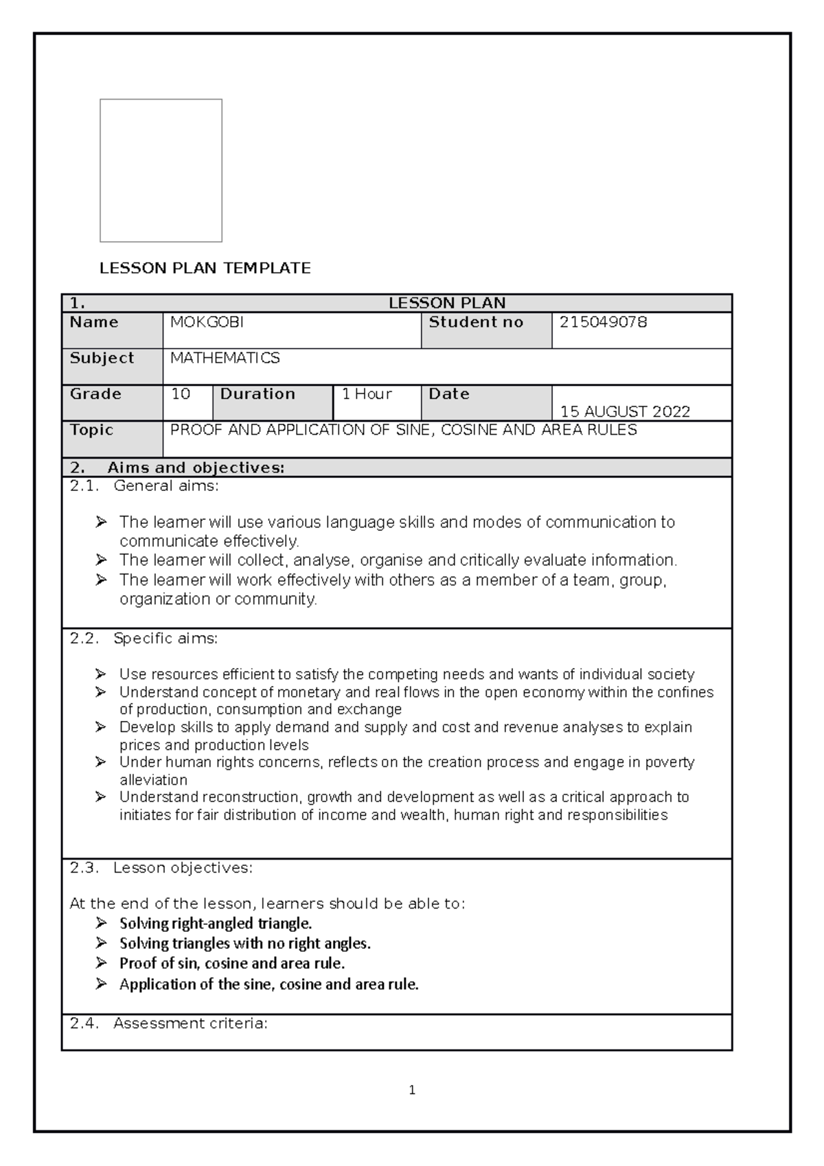 Maths Lesson PLAN 5-15 August - LESSON PLAN TEMPLATE 1. LESSON PLAN ...