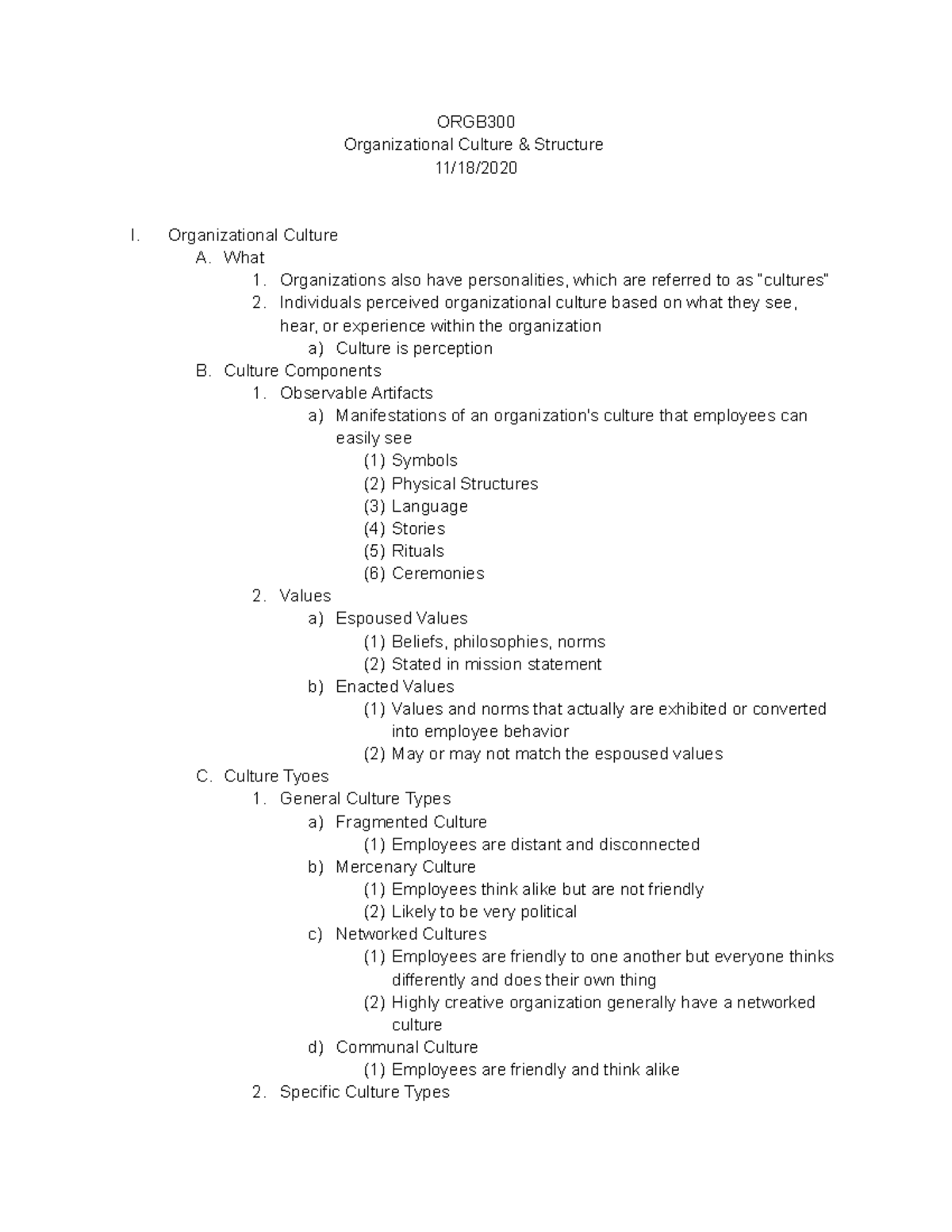 Lecture 9 Culture - ORGB Organizational Culture & Structure 11/18/ I ...