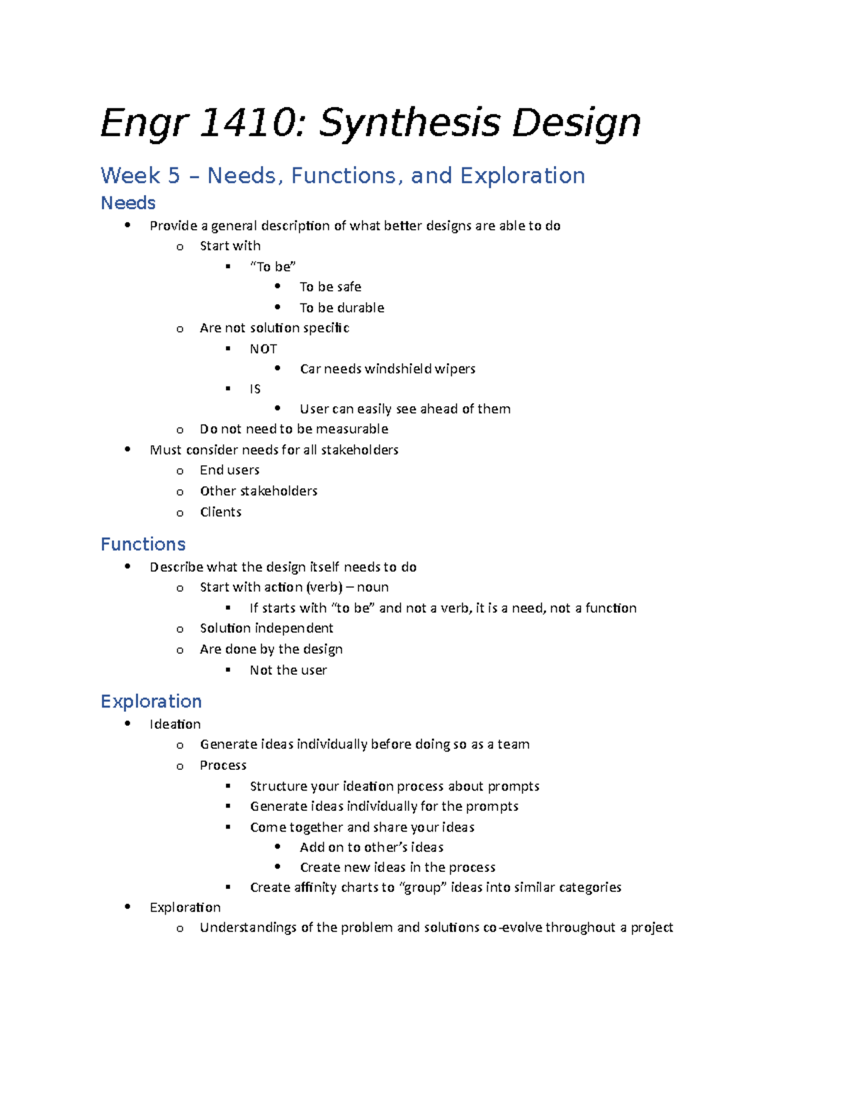Running Notes Engr 1410 Synthesis Design Week 5 Needs, Functions