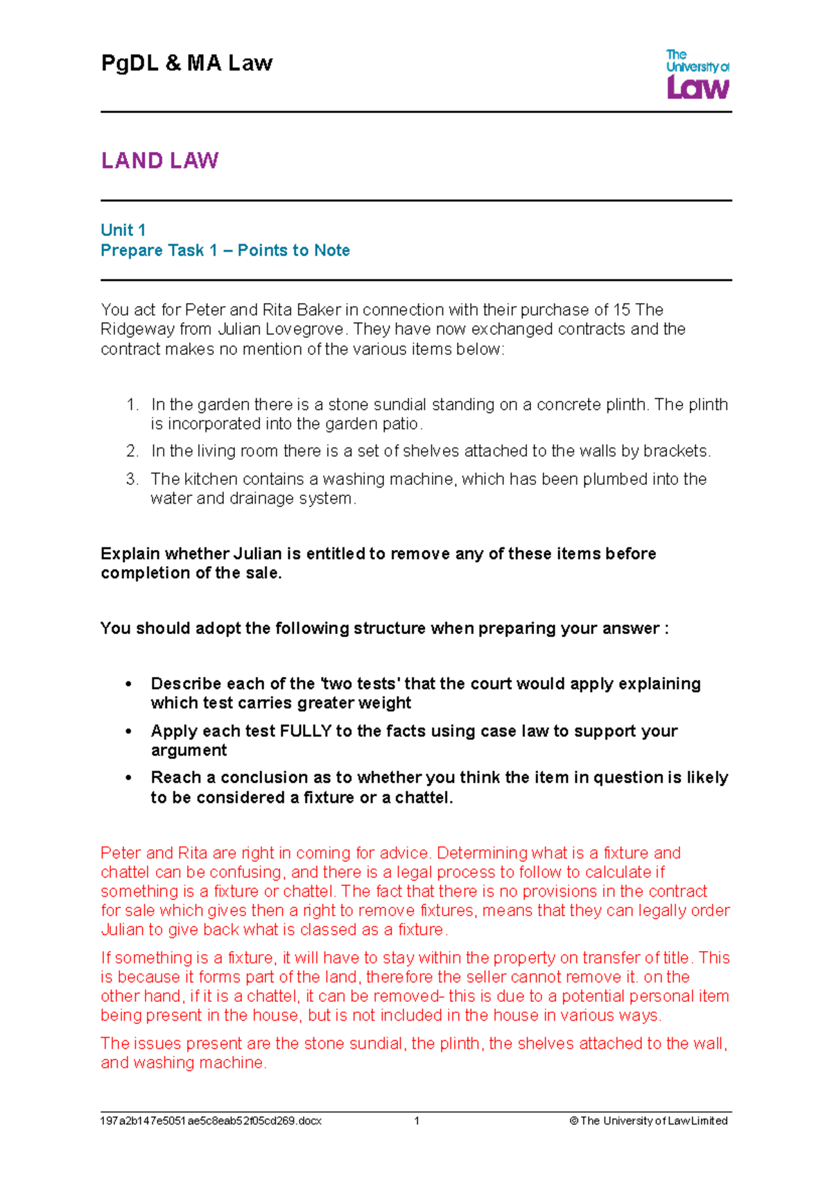 Land unit 1 prep fixture v chattel LAND LAW Unit 1 Prepare Task 1