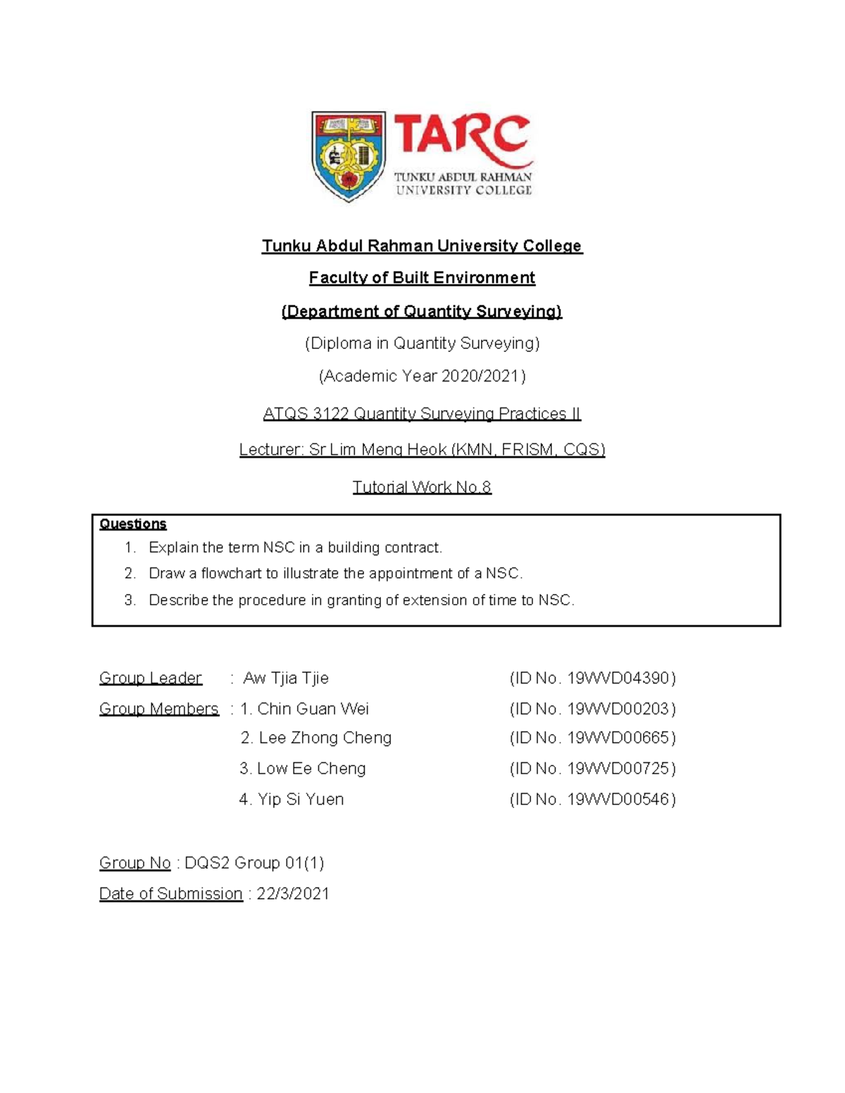 DQS2 G01(1) Tutorial 8 - Tunku Abdul Rahman University College Faculty ...