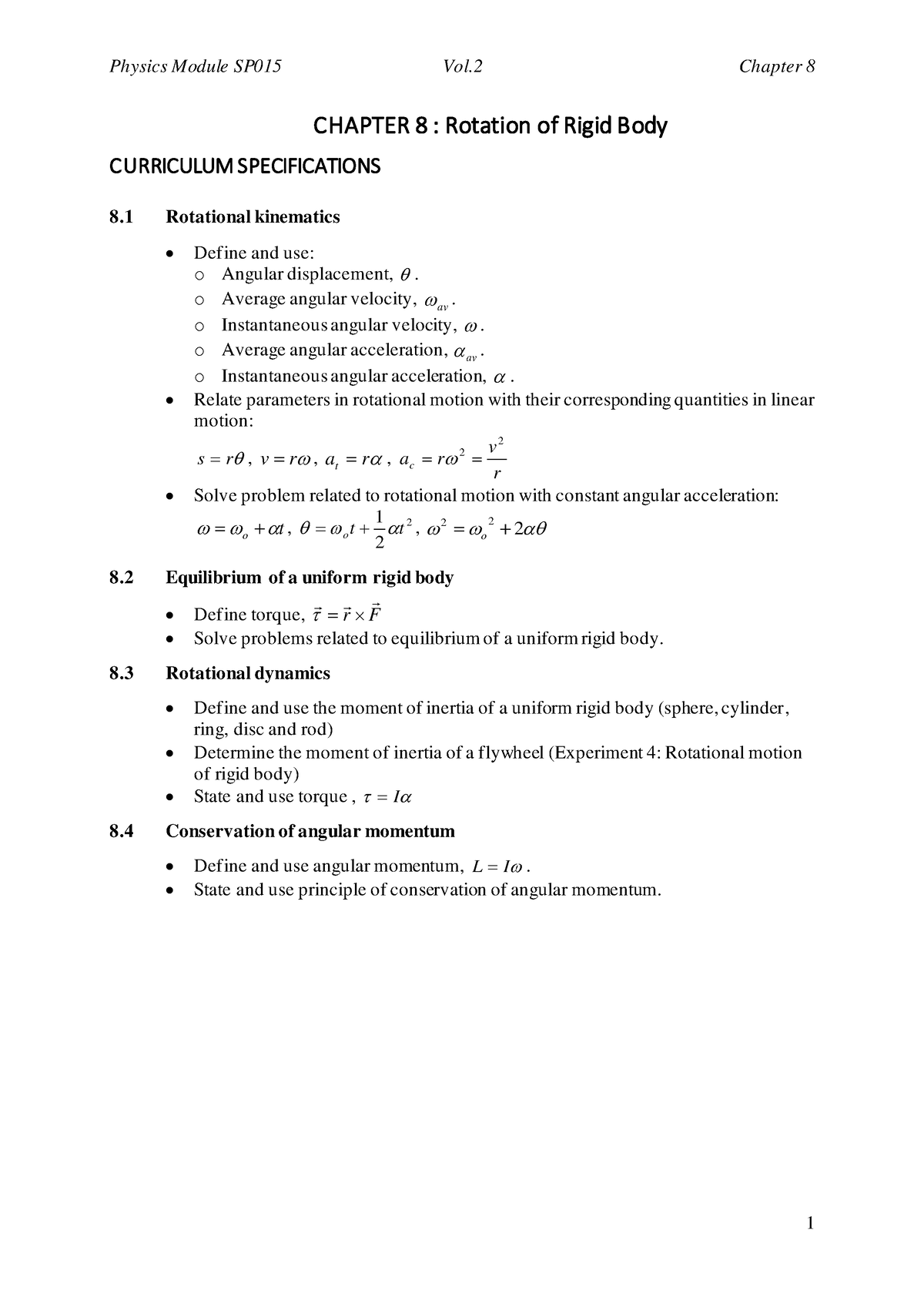 Chapter 8 Rotational of rigid body Student version edit - CHAPTER 8 ...