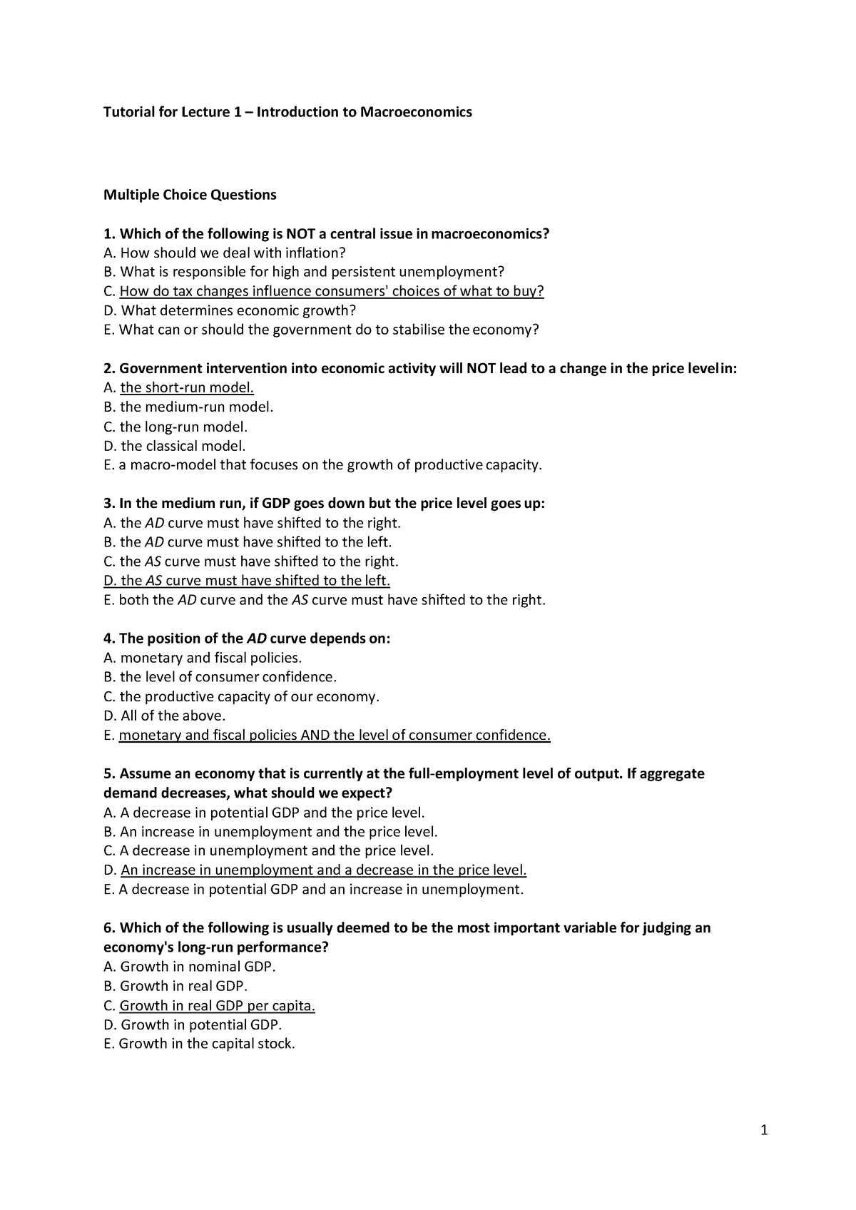 Introduction To Macroeconomics Tutorial Answers - Tutorial For Lecture ...