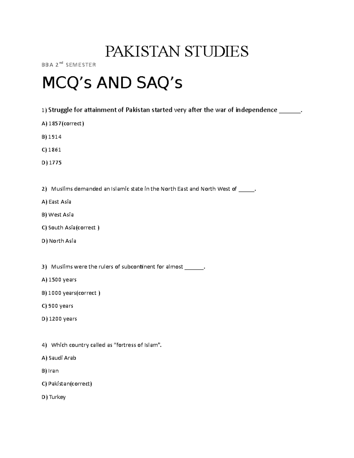 MCQs - Read - PAKISTAN STUDIES BBA 2nd SEMESTER MCQ’s AND SAQ’s 1 ...