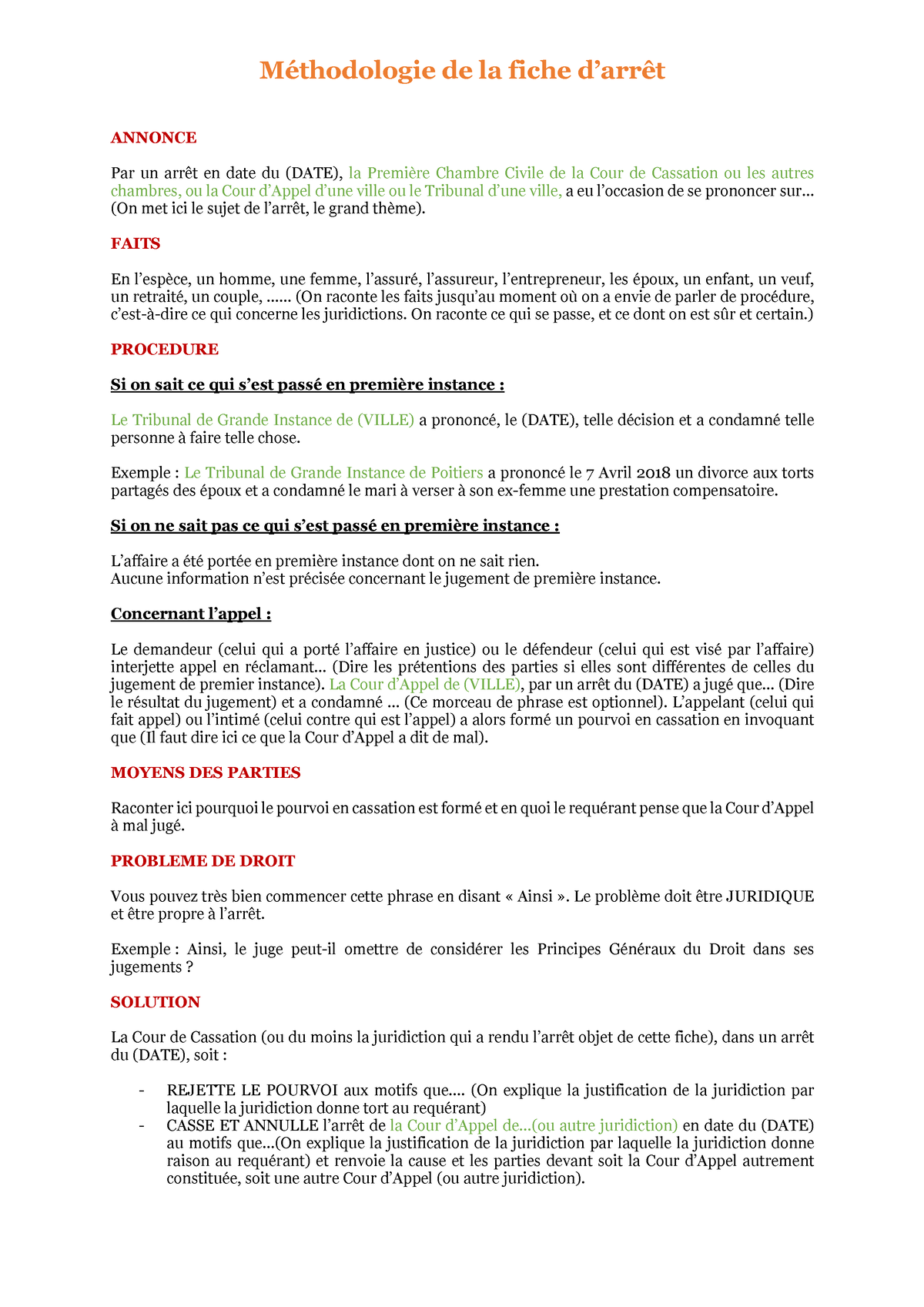 Methodologie Fiche D Arret Methodologie De La Fiche D Arret Annonce Par Un Arret En Date Du Studocu