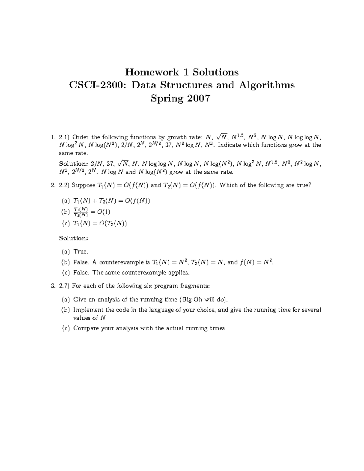 Homework 1 Solutions - Homework 1 Solutions CSCI-2300: Data Structures ...