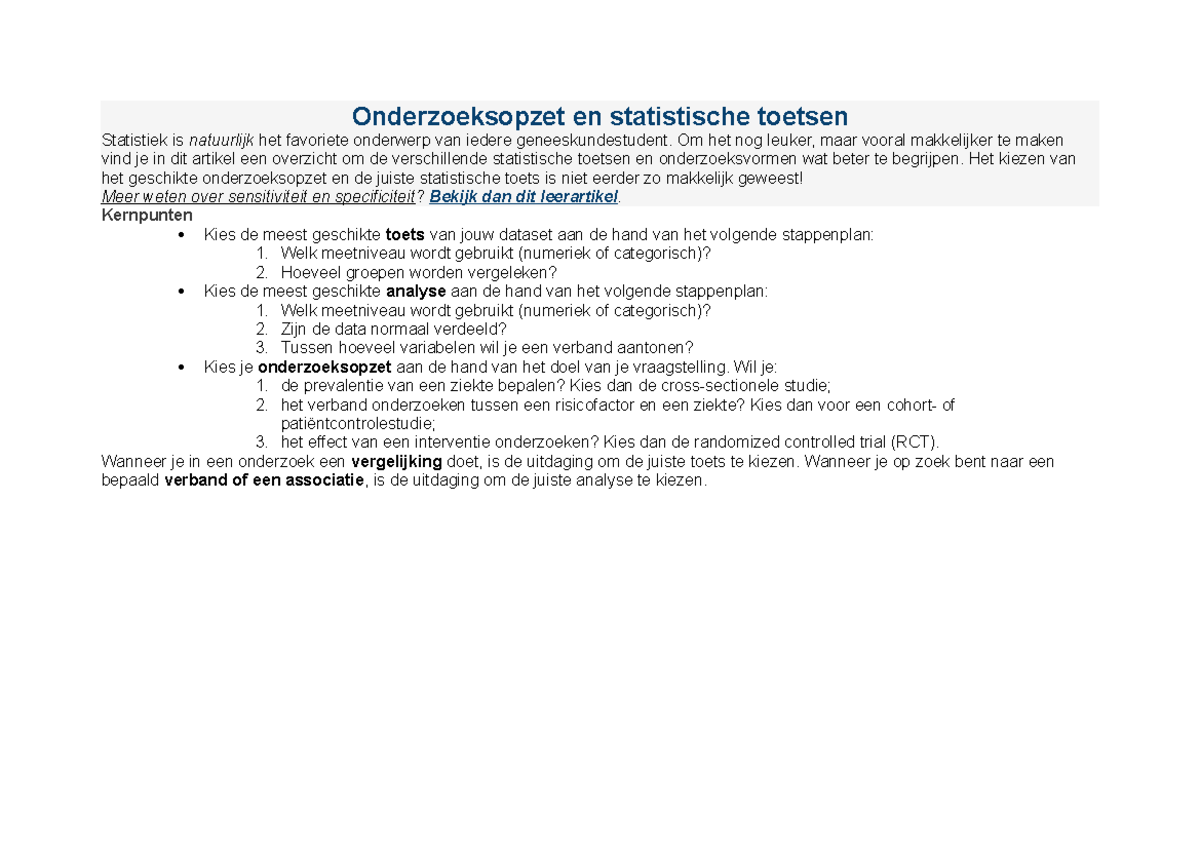 Onderzoeksopzet en statistische toetsen Onderzoeksopzet en