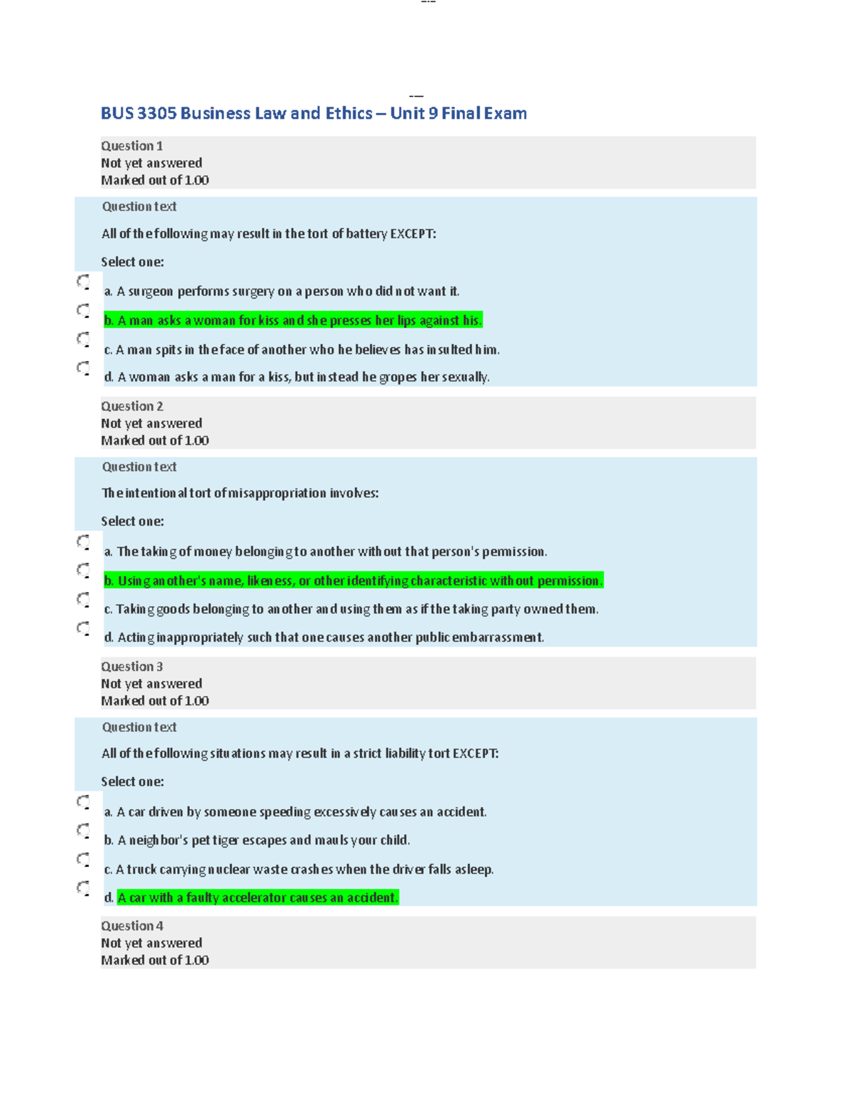 Bus 3305 Business Law And Ethics Final Exam 9 - Question 1 Not Yet ...