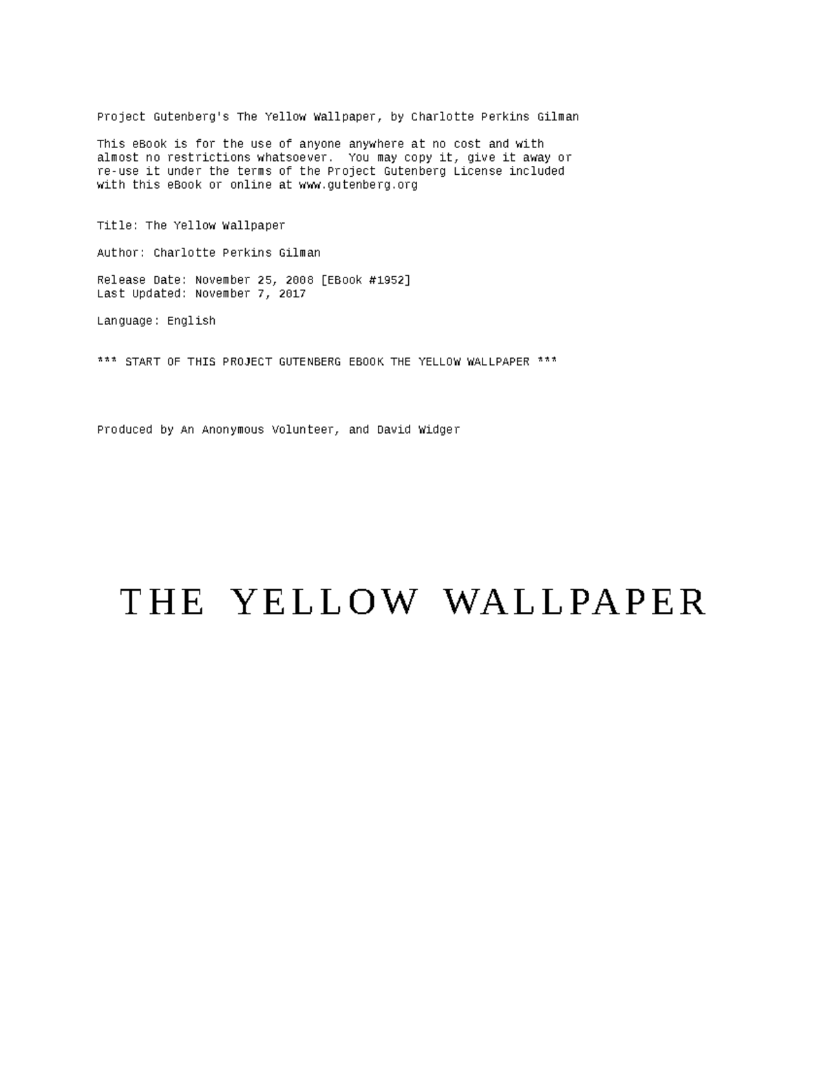 The yellow wallpaper by charlotte perkins gilman Project Gutenberg's