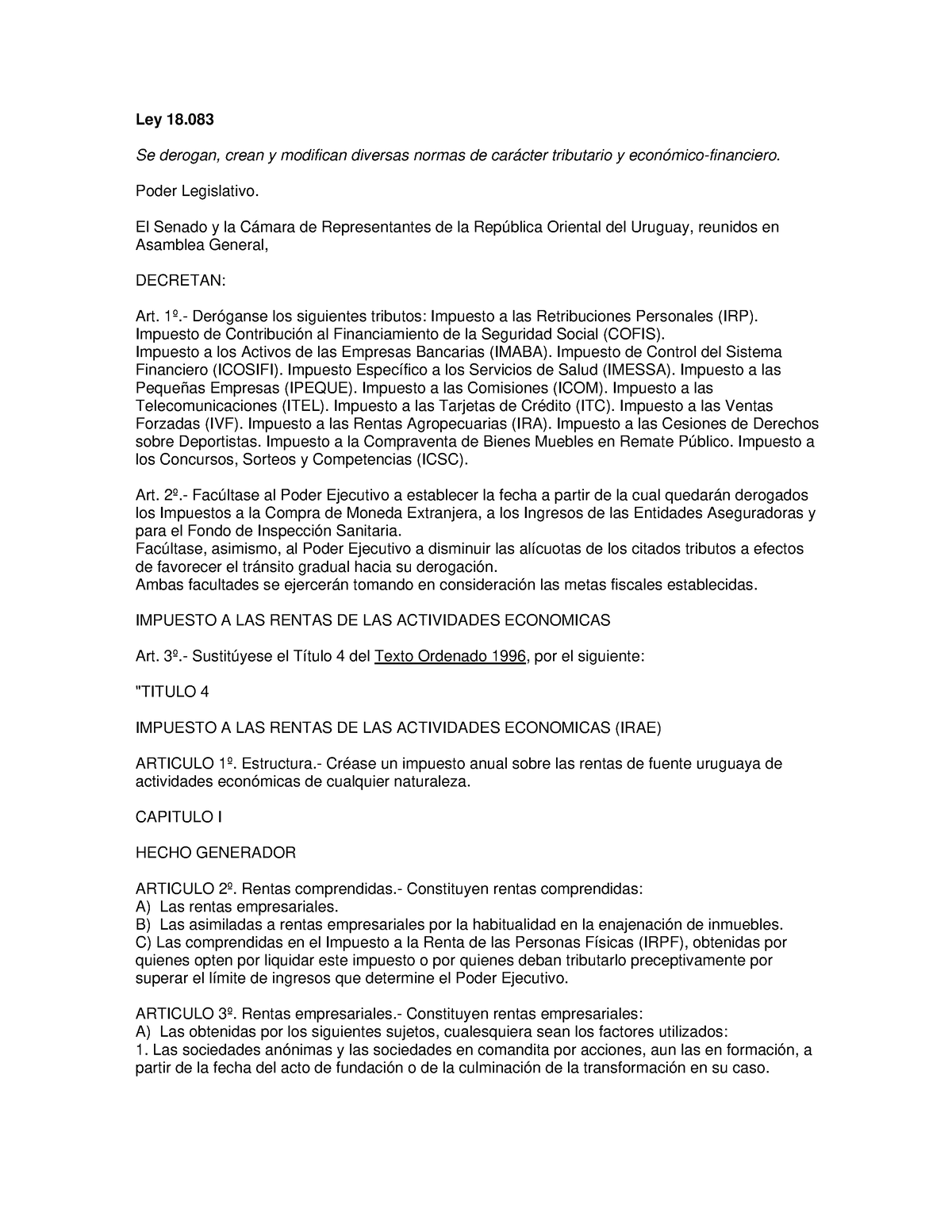 Ley 18083 - Derecho uruguayo - Ley 18. Se derogan, crean y modifican ...