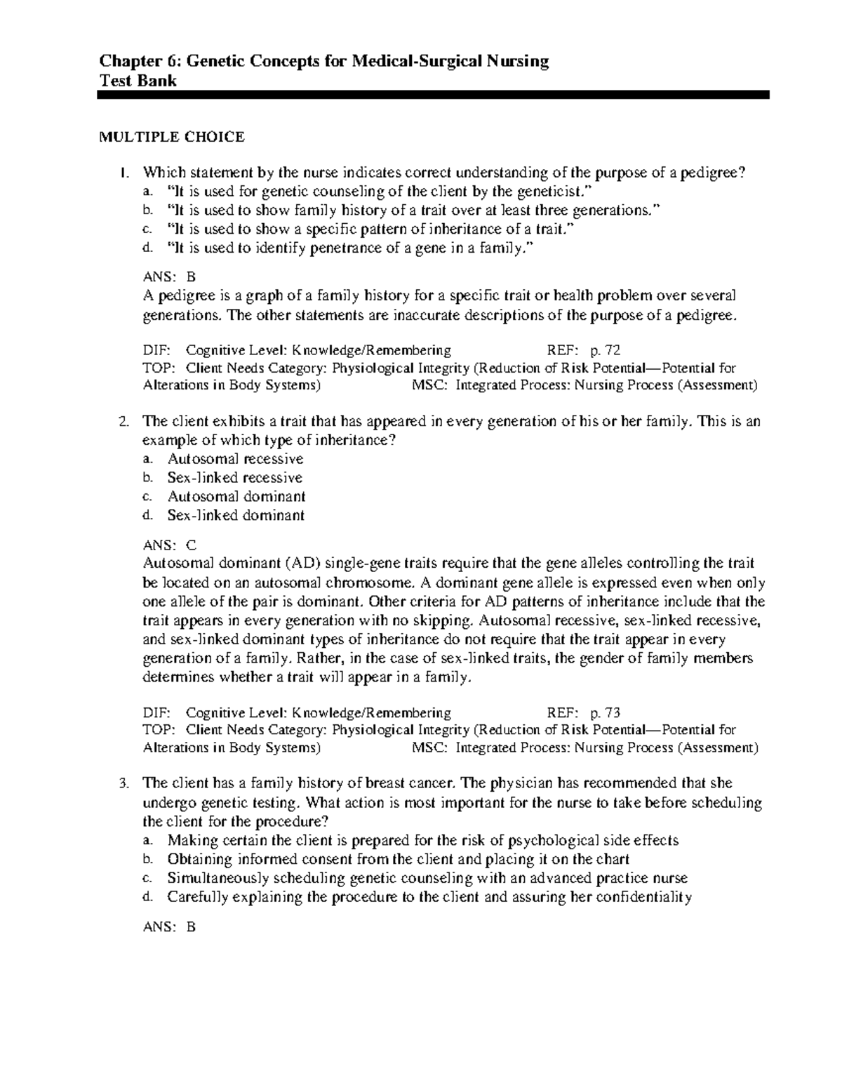 6 - Test bank - Medical-Surgical Nursing - Chapter 6: Genetic Concepts ...