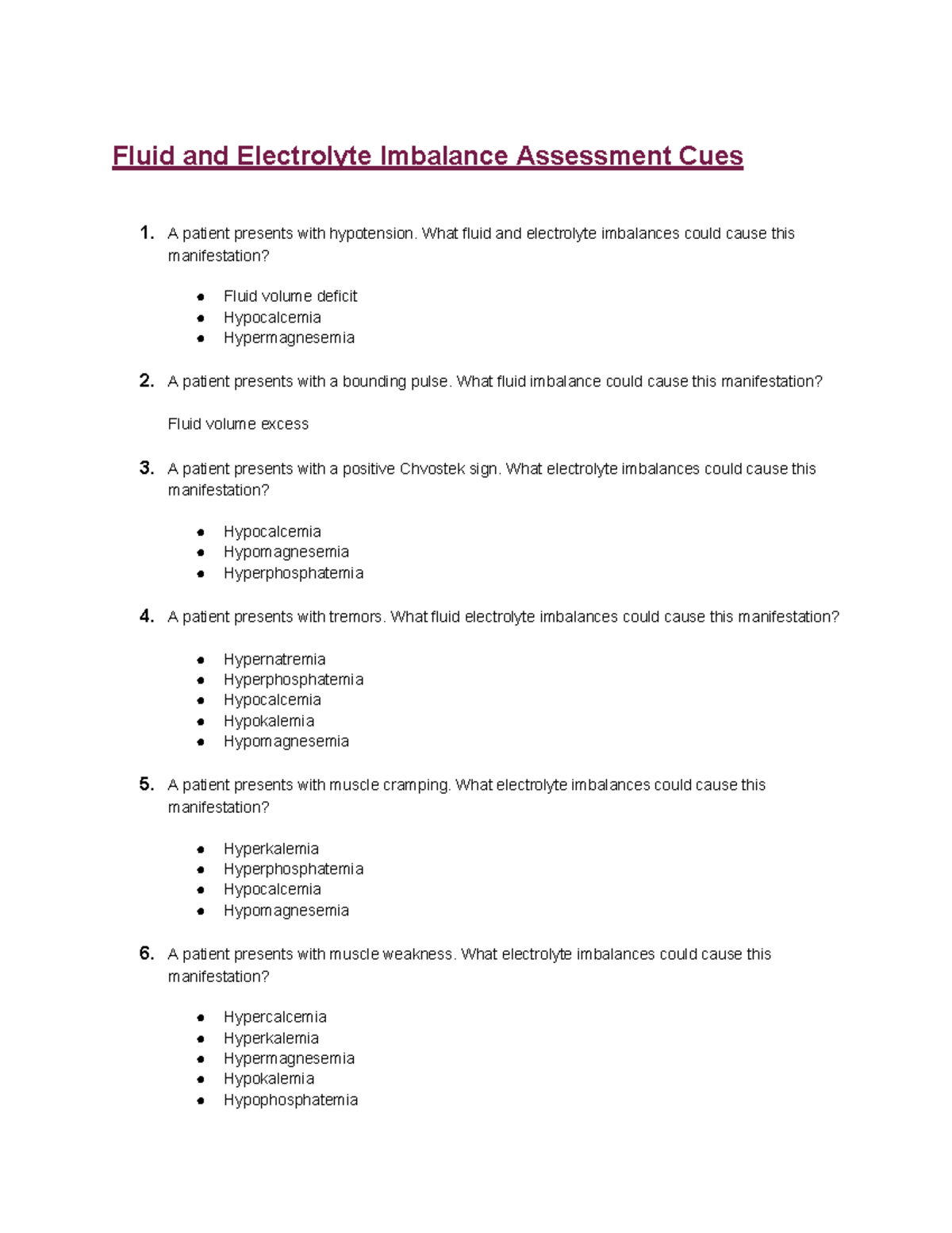 Fluid and electrolyte practice questions Fluid and Electrolyte