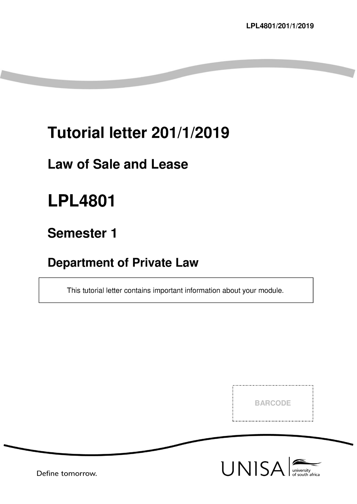 201 2019 1 B - Memo 2019. - LPL4801/201/1/ Tutorial Letter 201/1/ Law ...