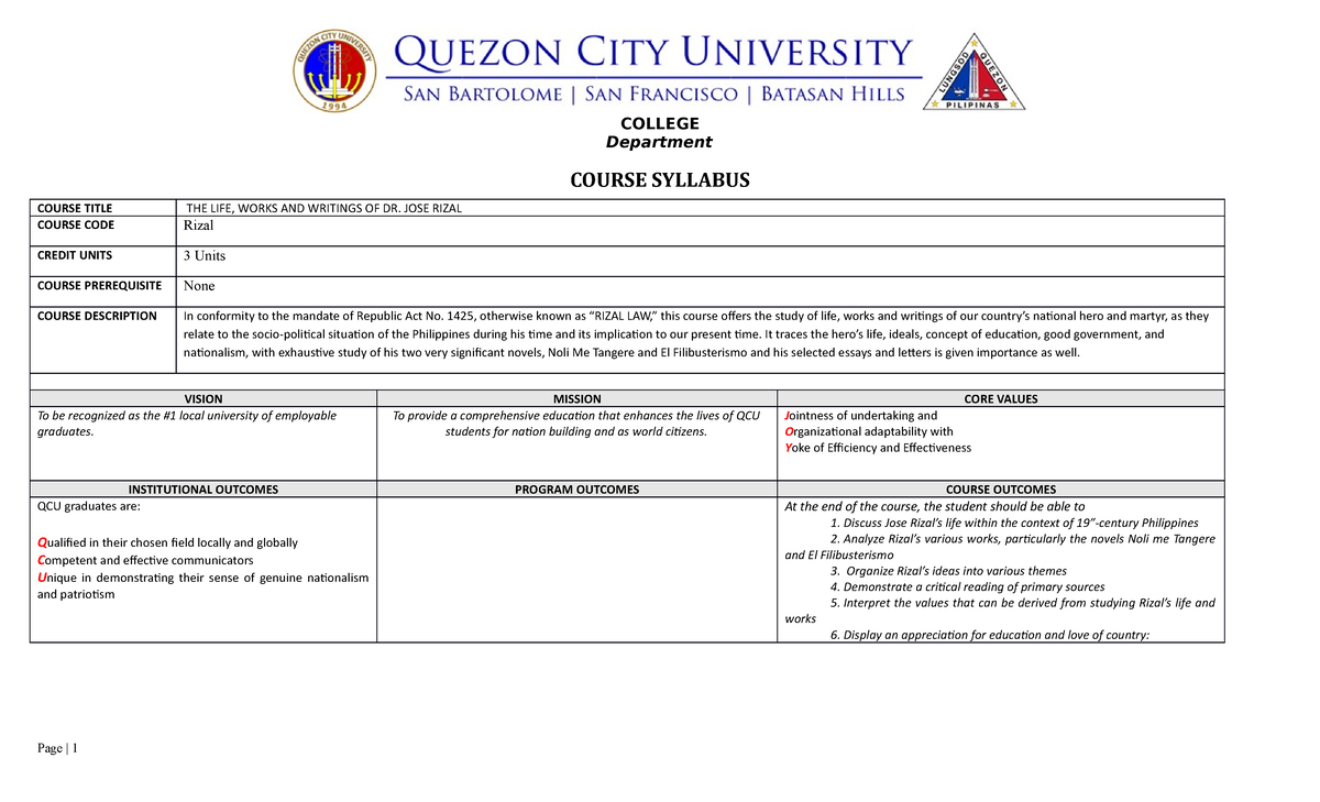 Rizal Course Syllabus 2022 - COLLEGE Department COURSE SYLLABUS COURSE ...