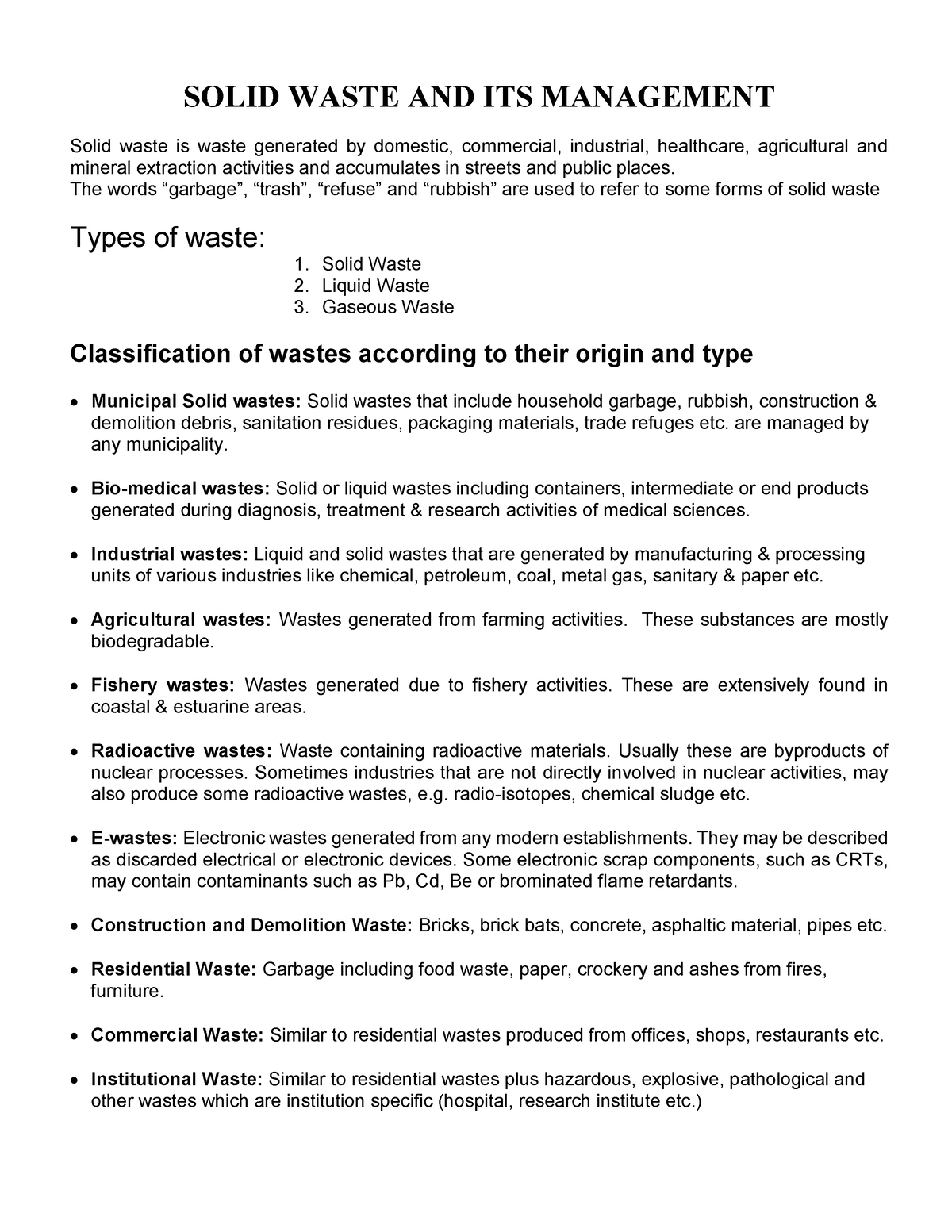 Solid Waste Management - SOLID WASTE AND ITS MANAGEMENT Solid waste is ...