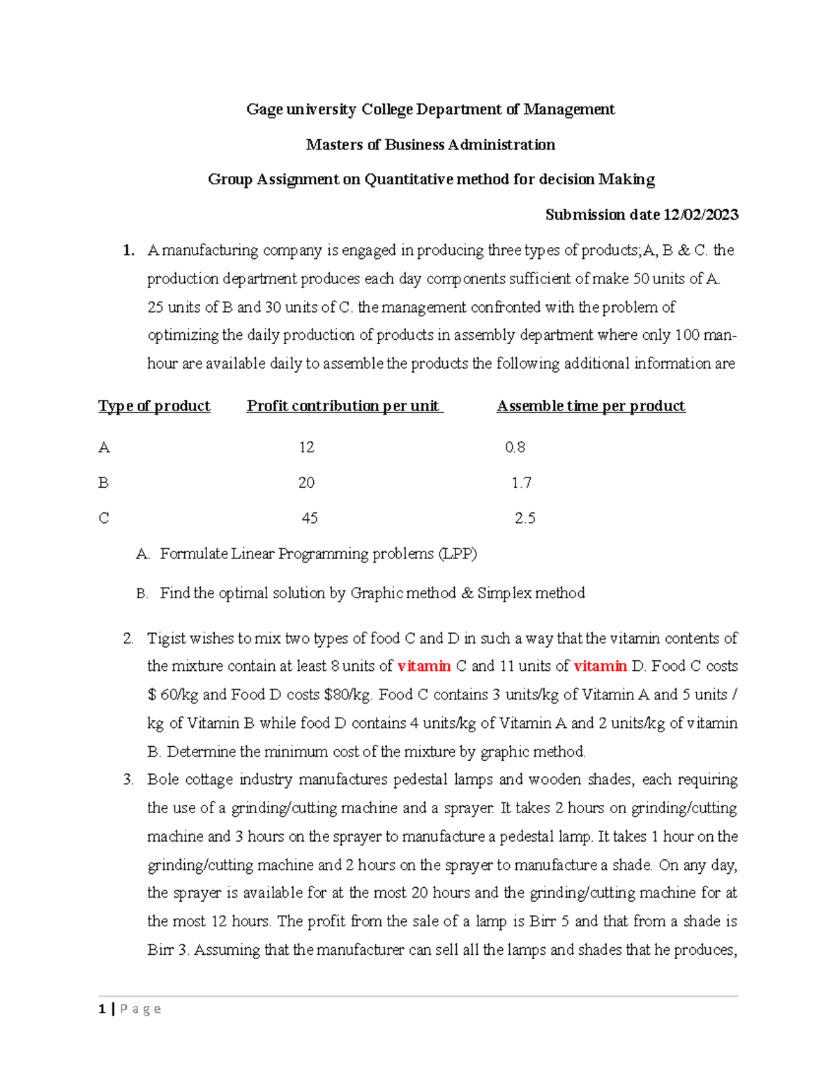 Quant GA II MBA Gage university College Department of Management