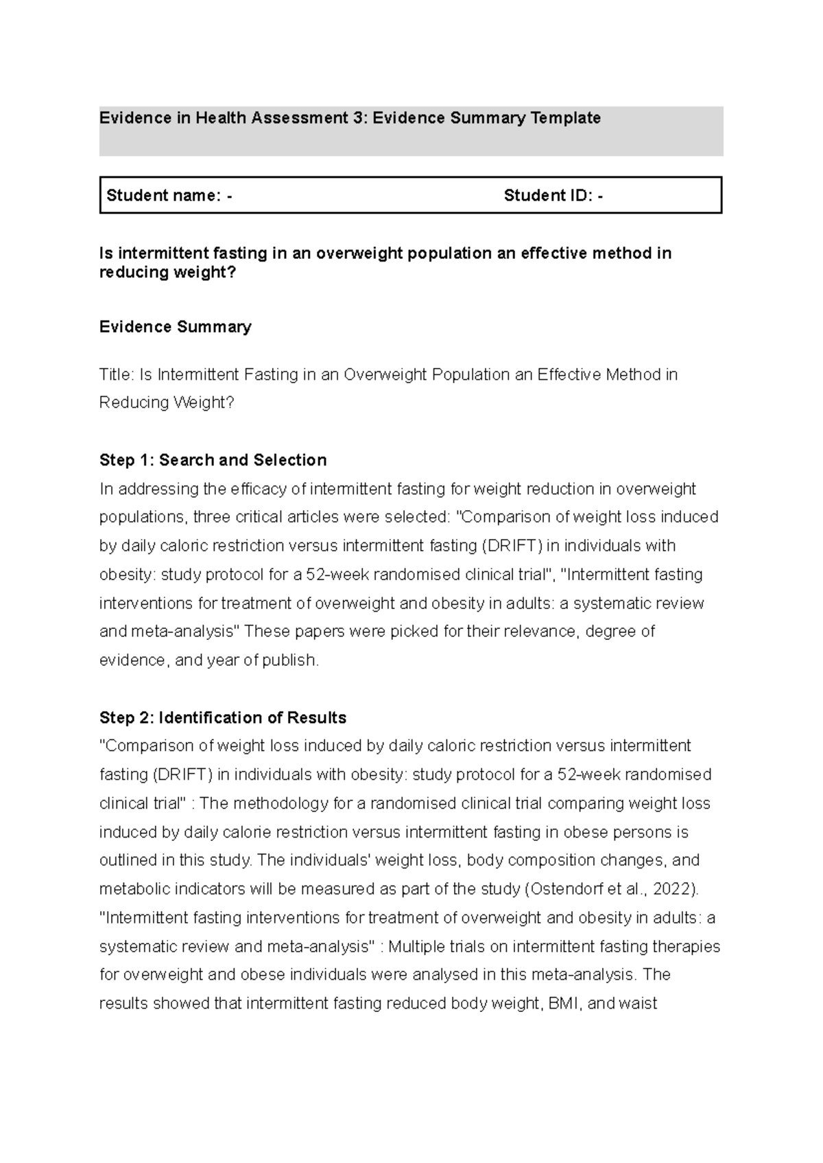 Assessment 3 Evidence Summary Template - Evidence in Health Assessment ...
