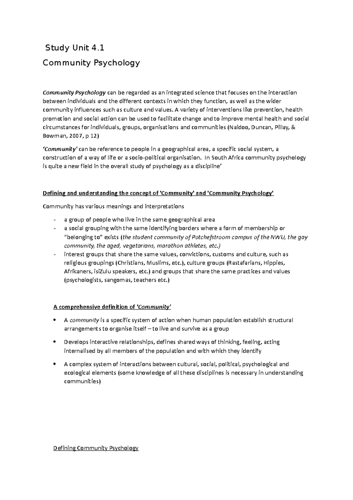 SU 4 - Study unit 4 notes - Study Unit 4. Community Psychology ...