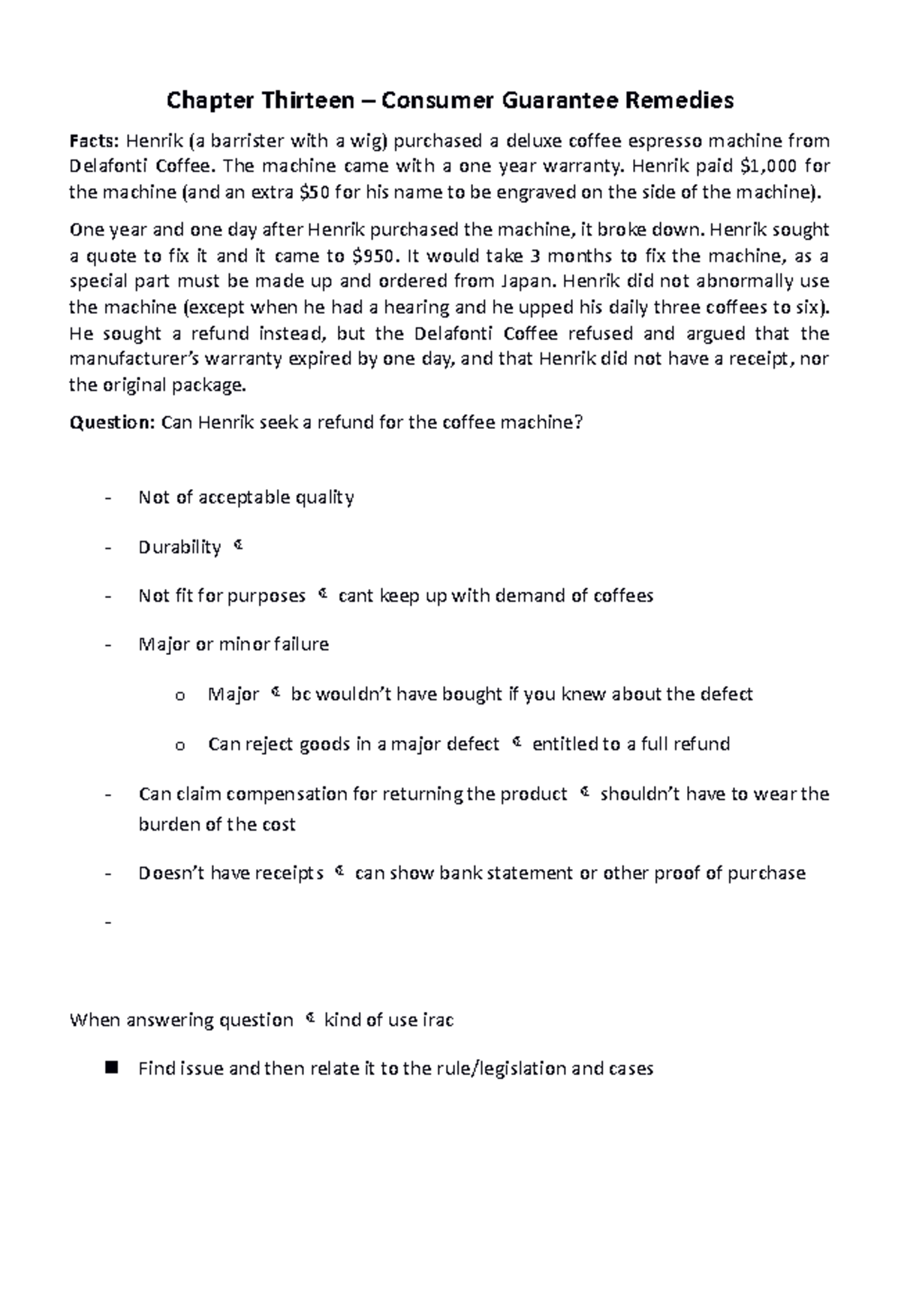 Tutorial Eight Consumer Guarantee Remedies Chapter Thirteen