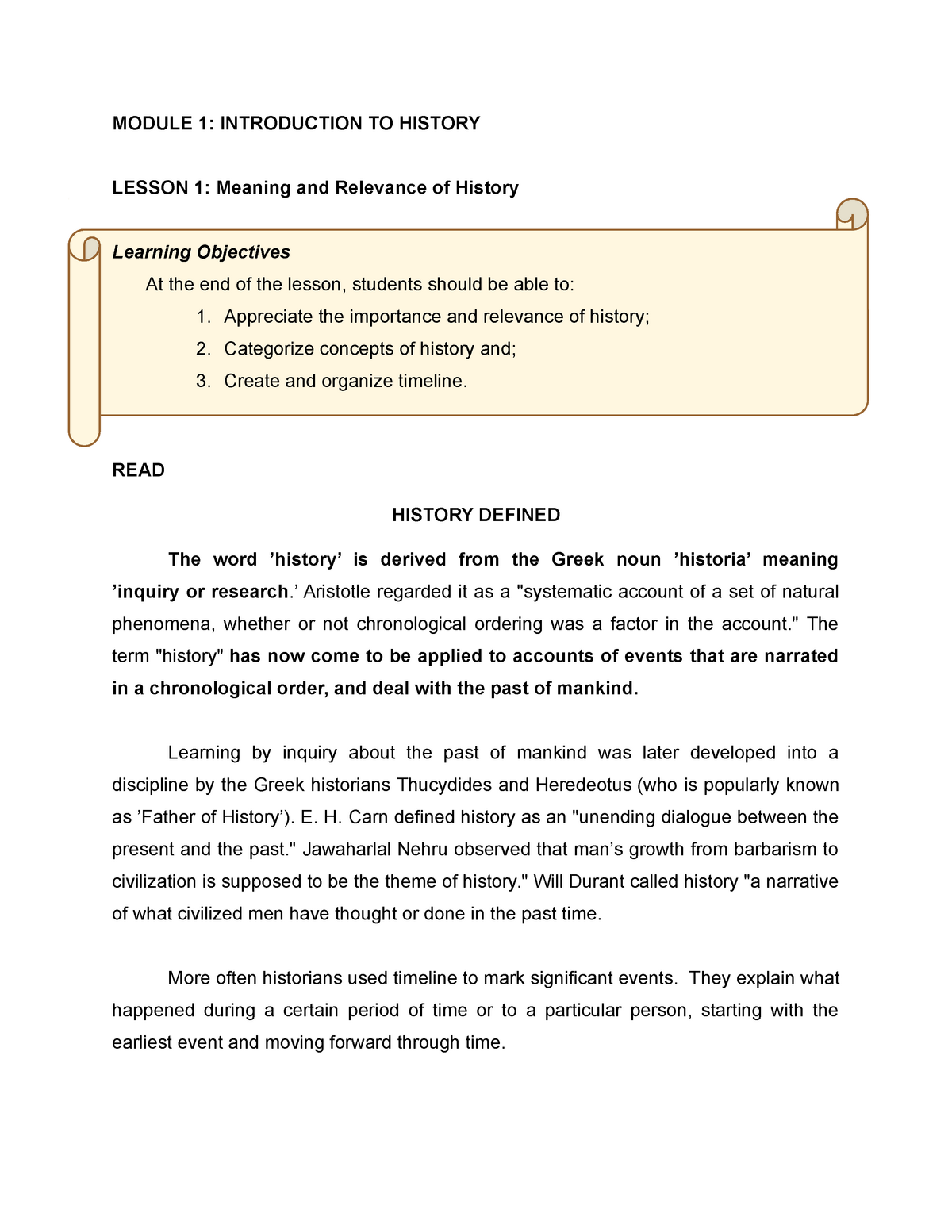 The Answer For This Module - MODULE 1: INTRODUCTION TO HISTORY LESSON 1 ...