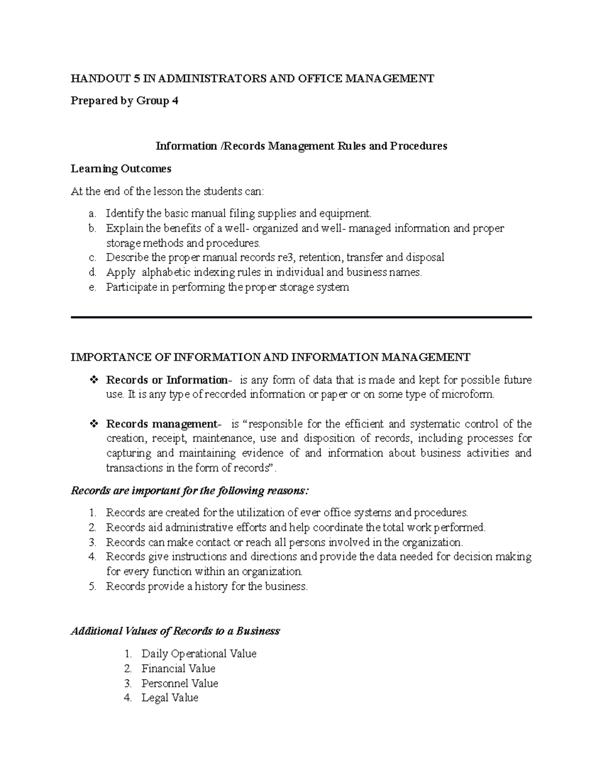 Handout 5 - Records Management - HANDOUT 5 IN ADMINISTRATORS AND OFFICE ...