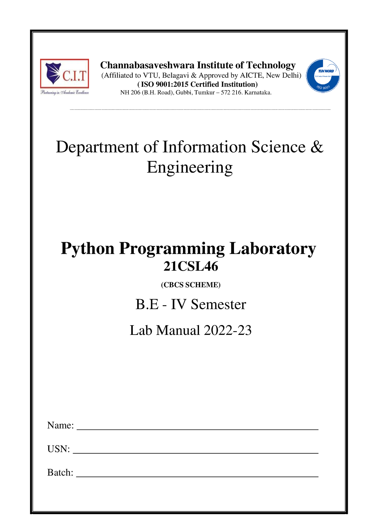 Python LAB Manual-21CSL46 - Channabasaveshwara Institute Of Technology ...