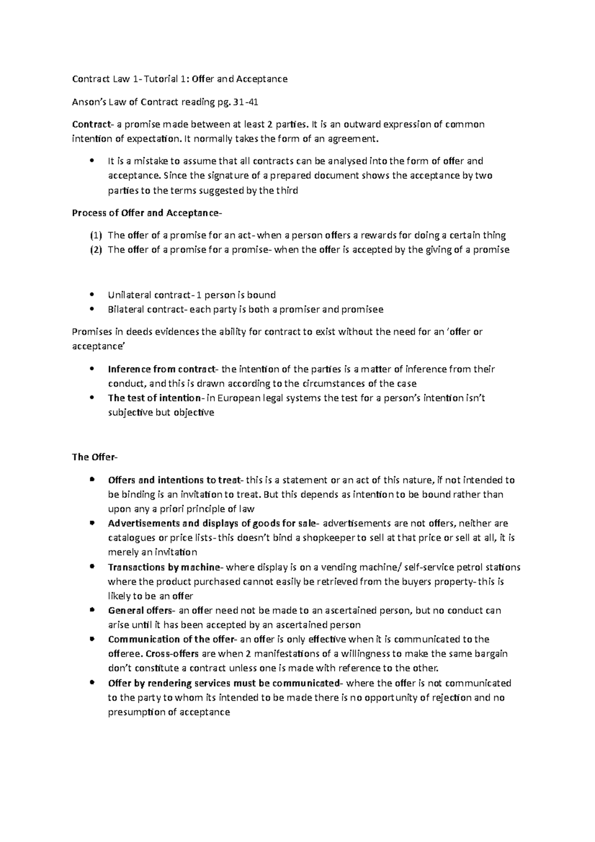 Contract Law 1 tutorial 1 - Contract Law 1- Tutorial 1: Offer and ...