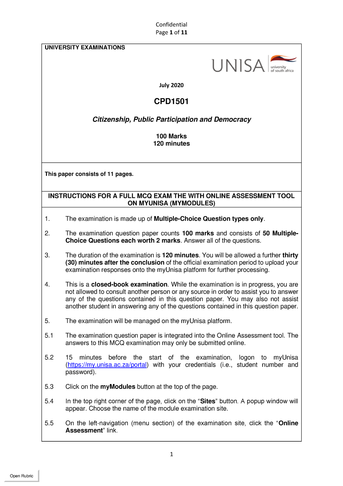 CPD1501 July 2020 exam paper - Page 1 of 11 1 UNIVERSITY EXAMINATIONS ...