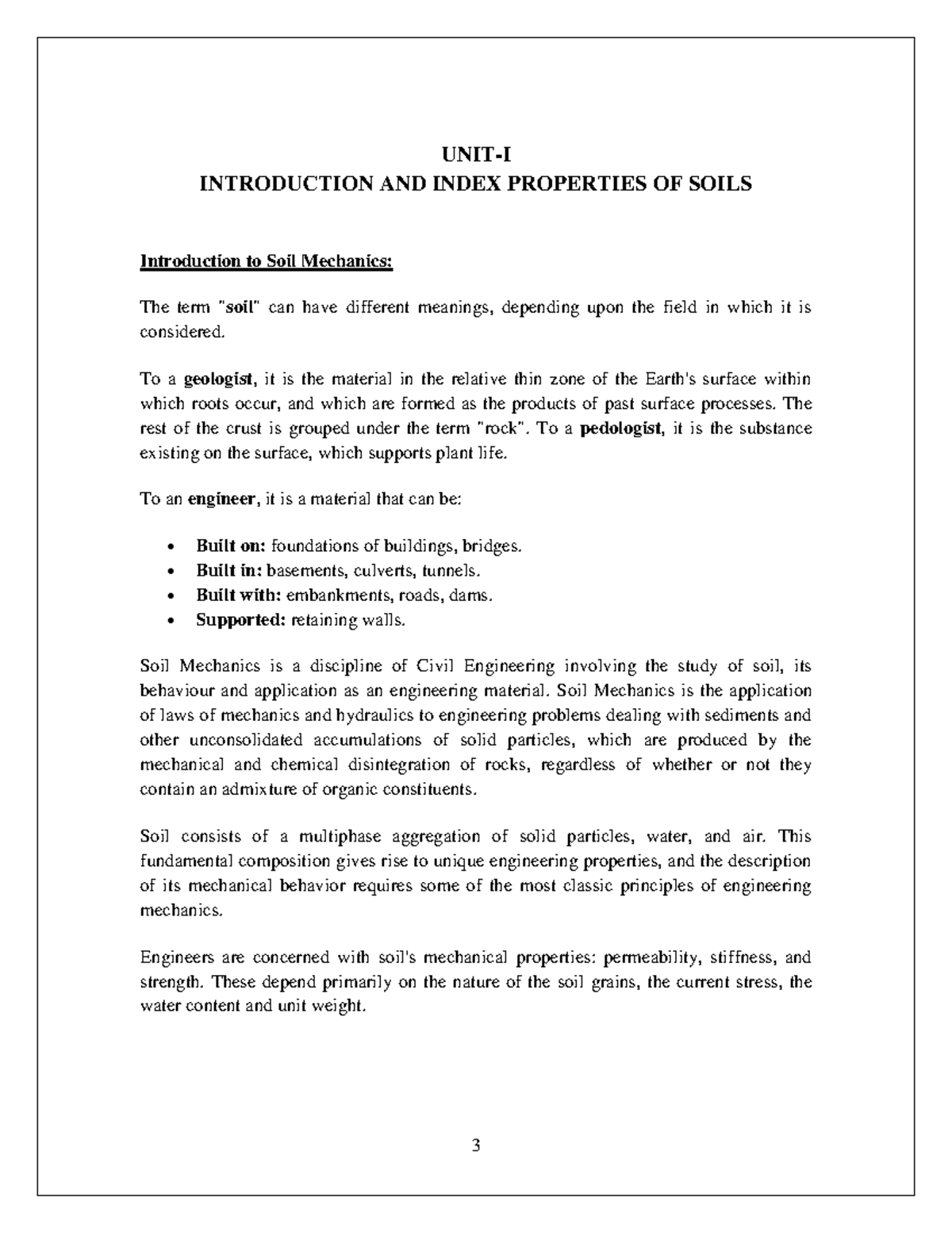 Unit 1 Geotechnical Engineering Notes Unit I Introduction And Index