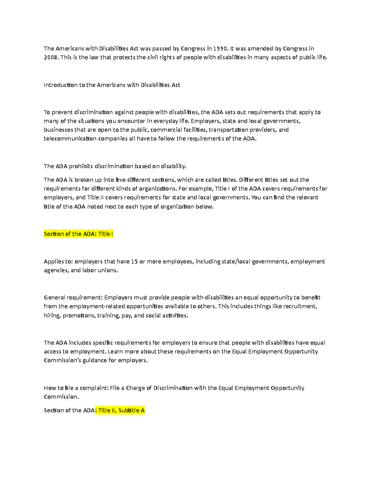 Outline for ADA - cyb - The Americans with Disabilities Act was passed ...