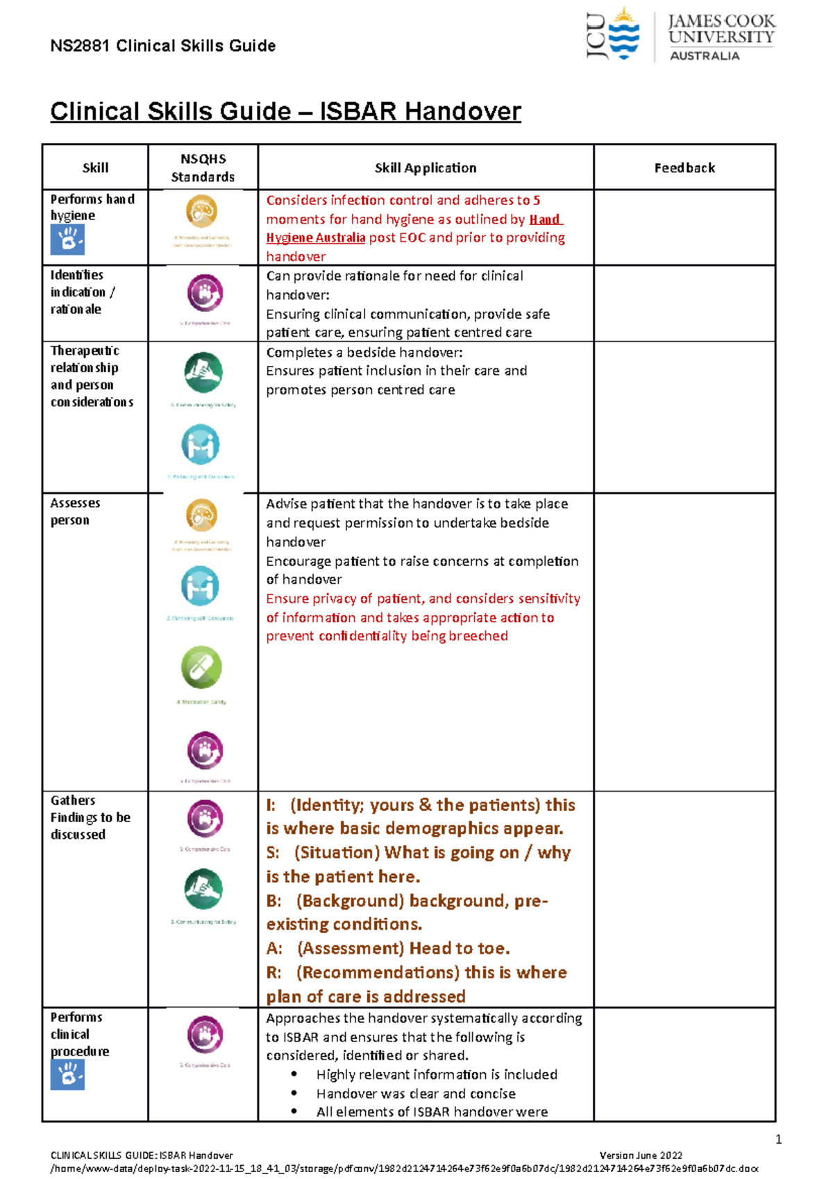 2022 Clinical Skills Guide Isbar Handover Final 24062022 - NS2881 ...