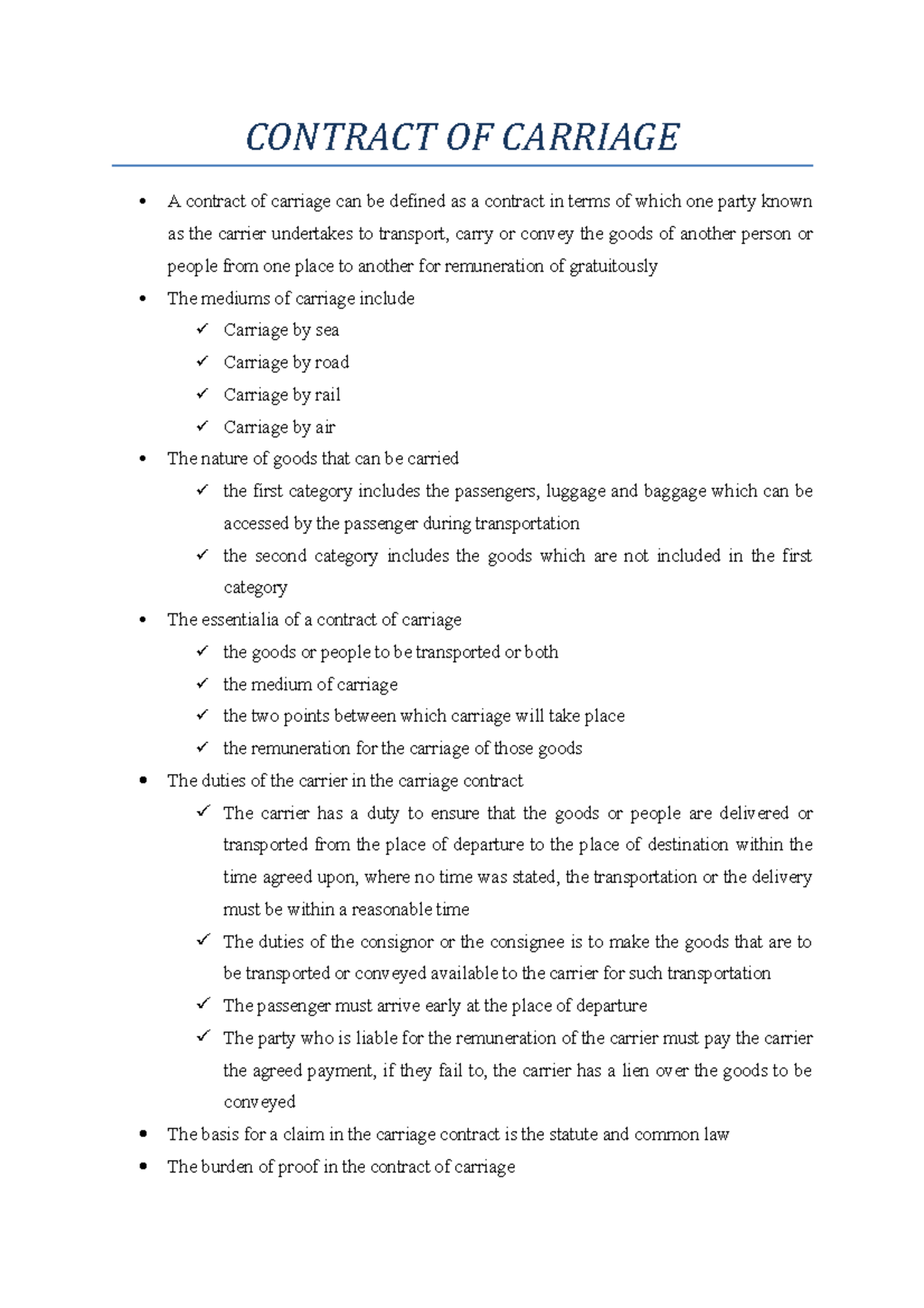 Contract OF Carriage summary CONTRACT OF CARRIAGE A contract of