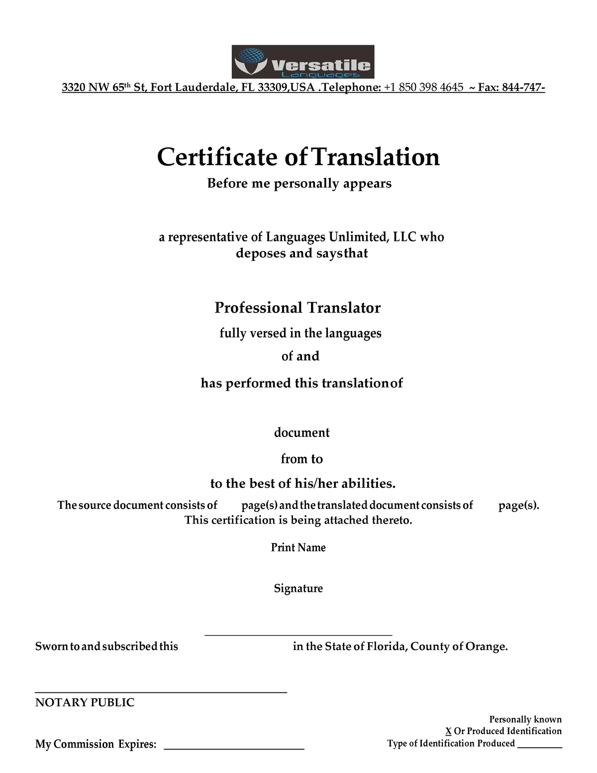 Certificate Of Translation-blank - Certificate Of Translation Before Me 