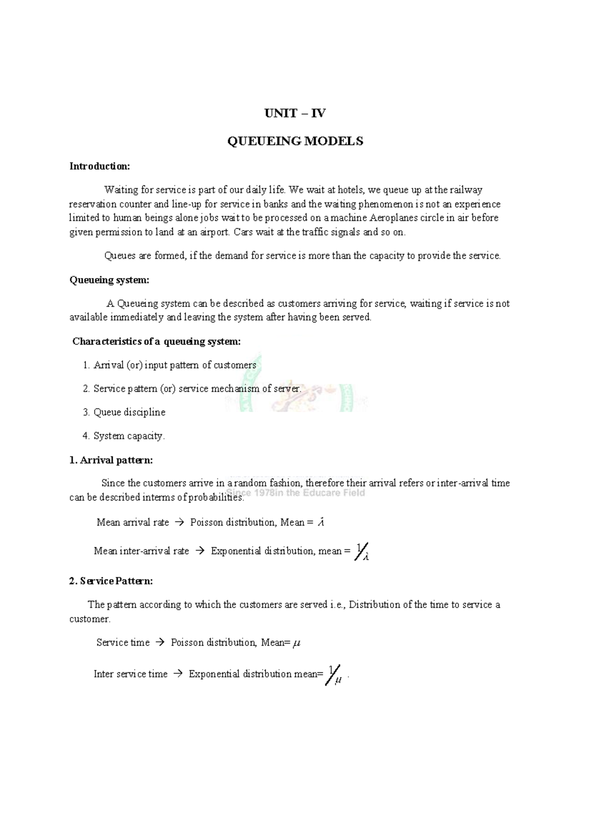 Queueing Model Notes-Model-I - UNIT IV QUEUEING MODELS Introduction ...