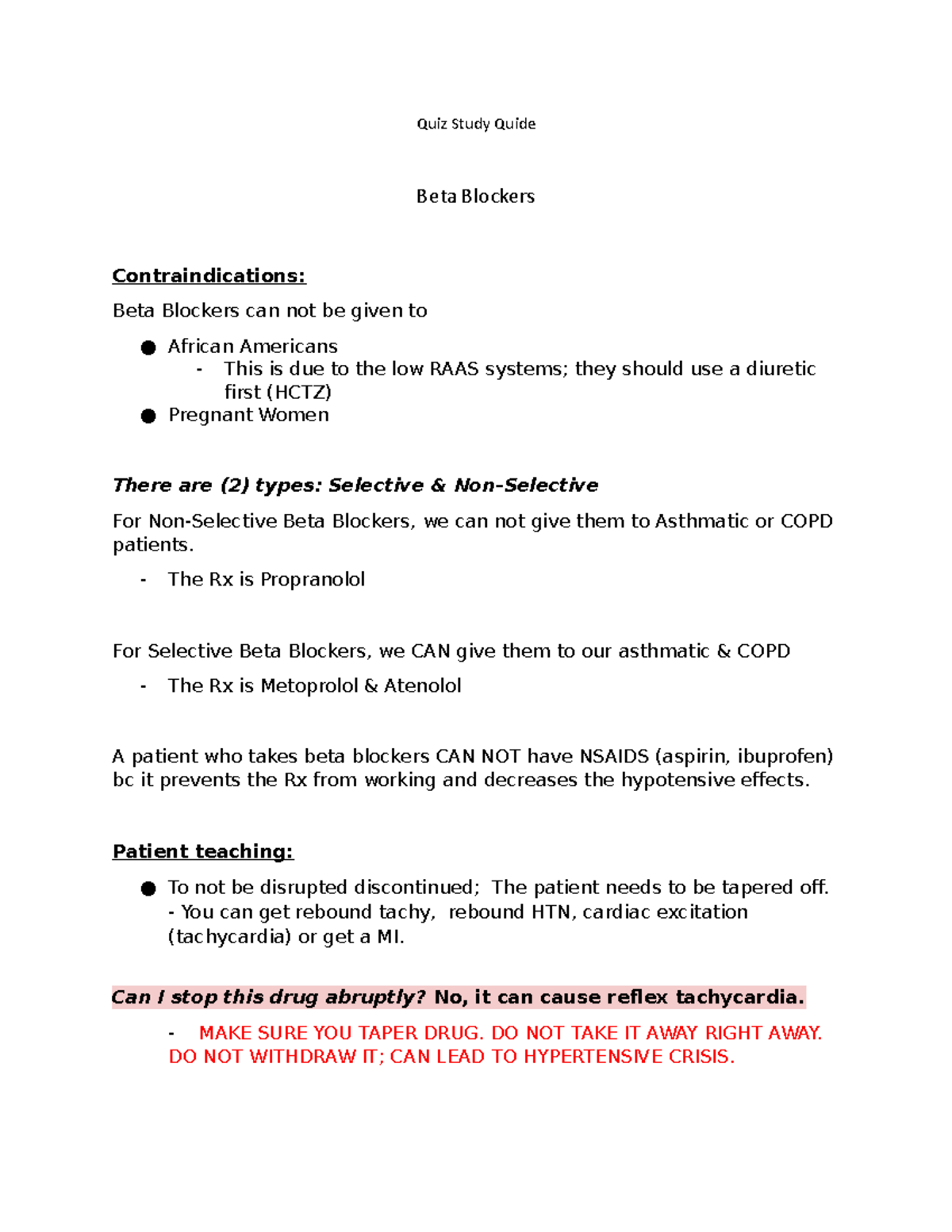 Quiz Study Quide Quiz Study Quide Beta Blockers Contraindications