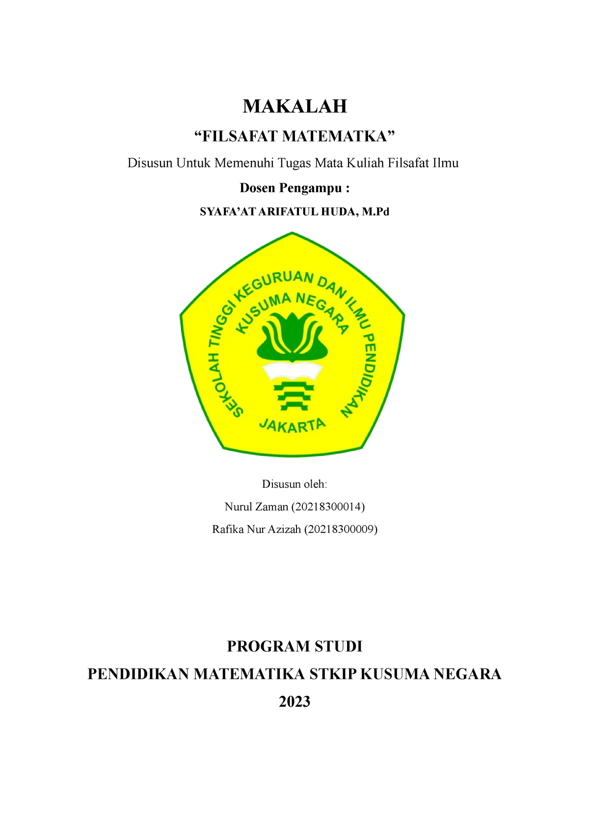 Makalah Filsafat - Halaman Judul MAKALAH “FILSAFAT MATEMATKA” Disusun ...