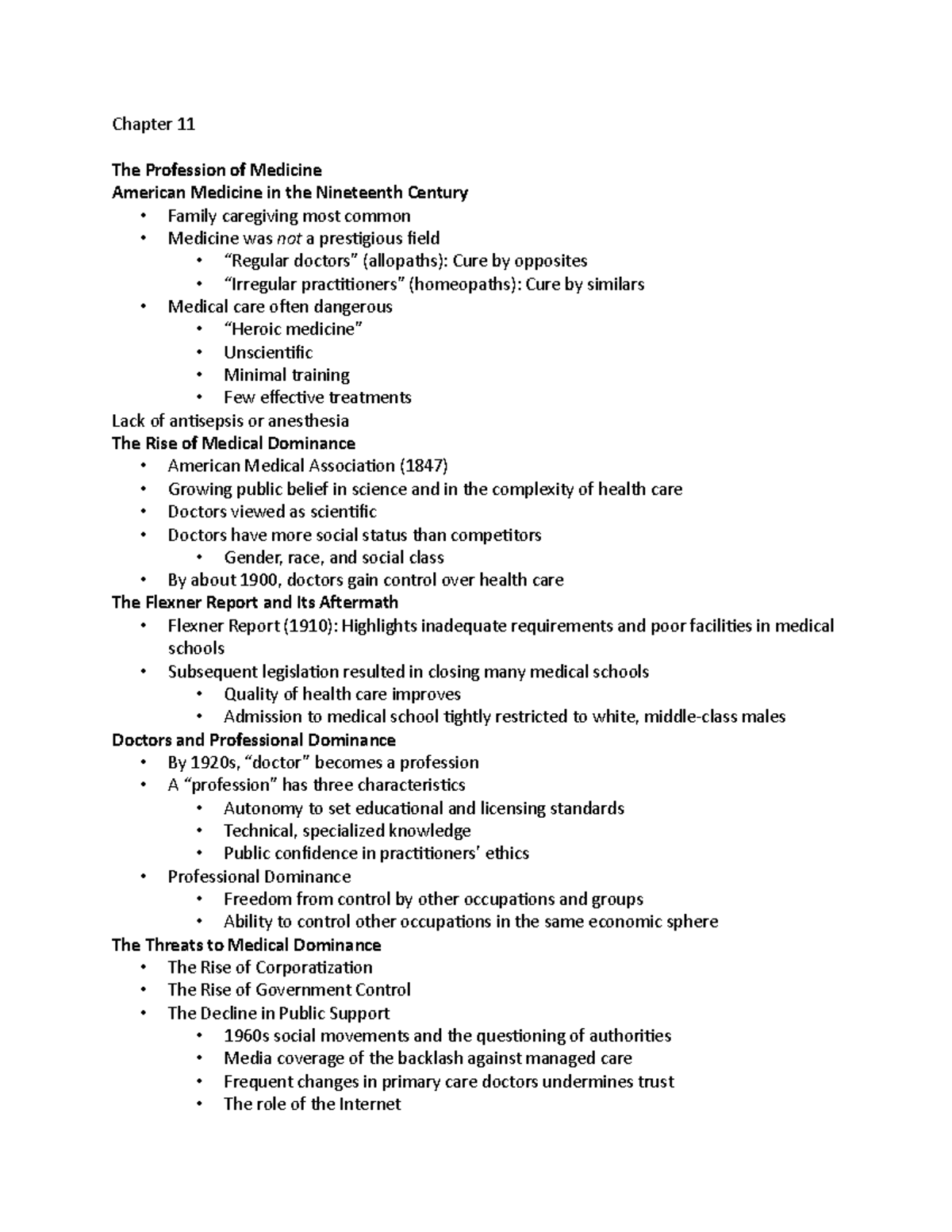 Chapter 11 - Notes - Chapter 11 The Profession Of Medicine American ...