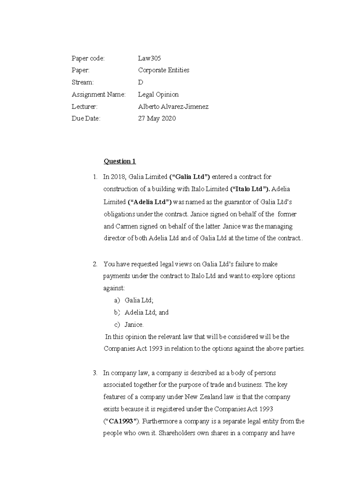 Corporate legal opinion 1 - Paper code: Law Paper: Corporate Entities ...