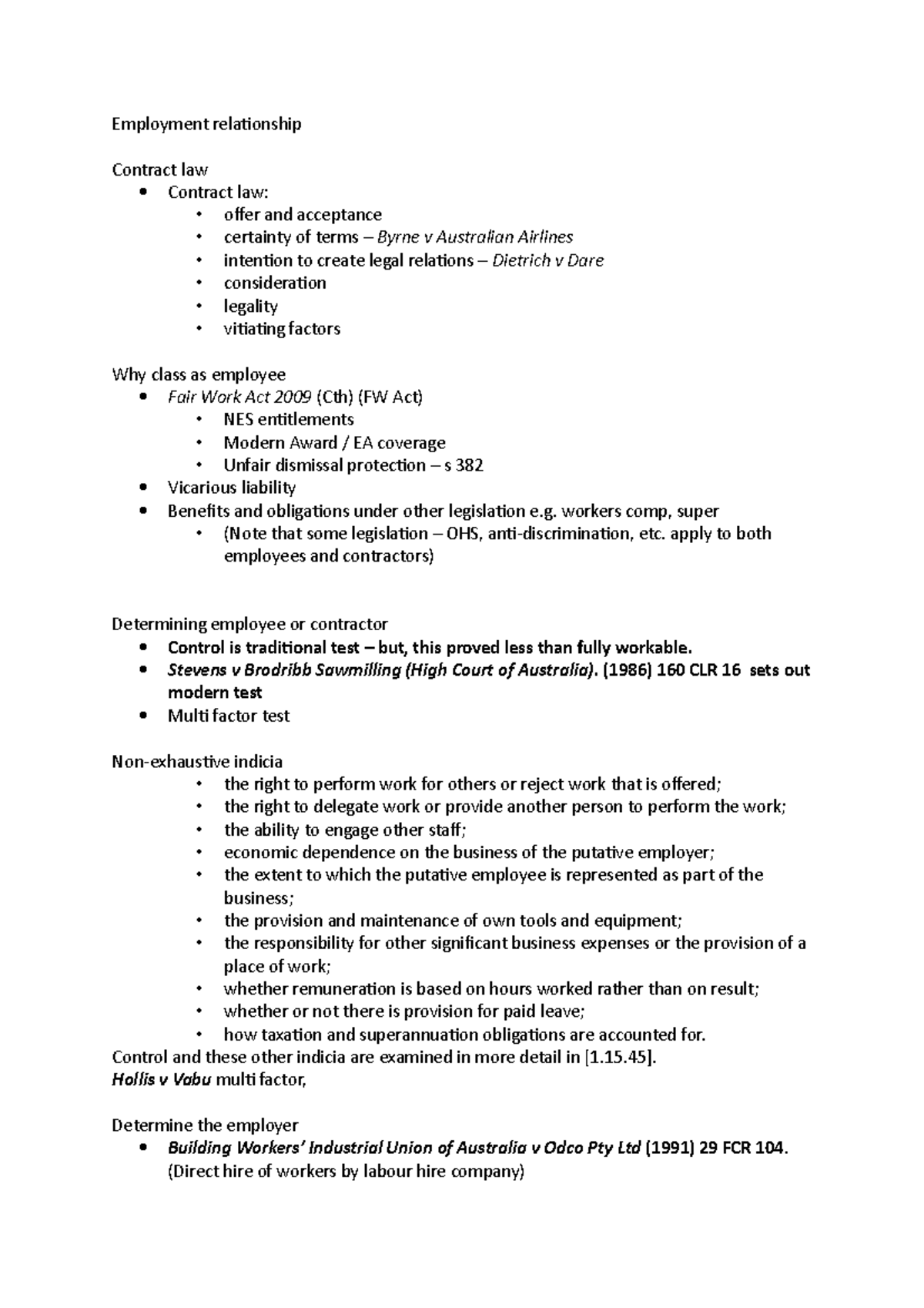 Employment exam notes - Summary Workplace Law - Employment relationship ...