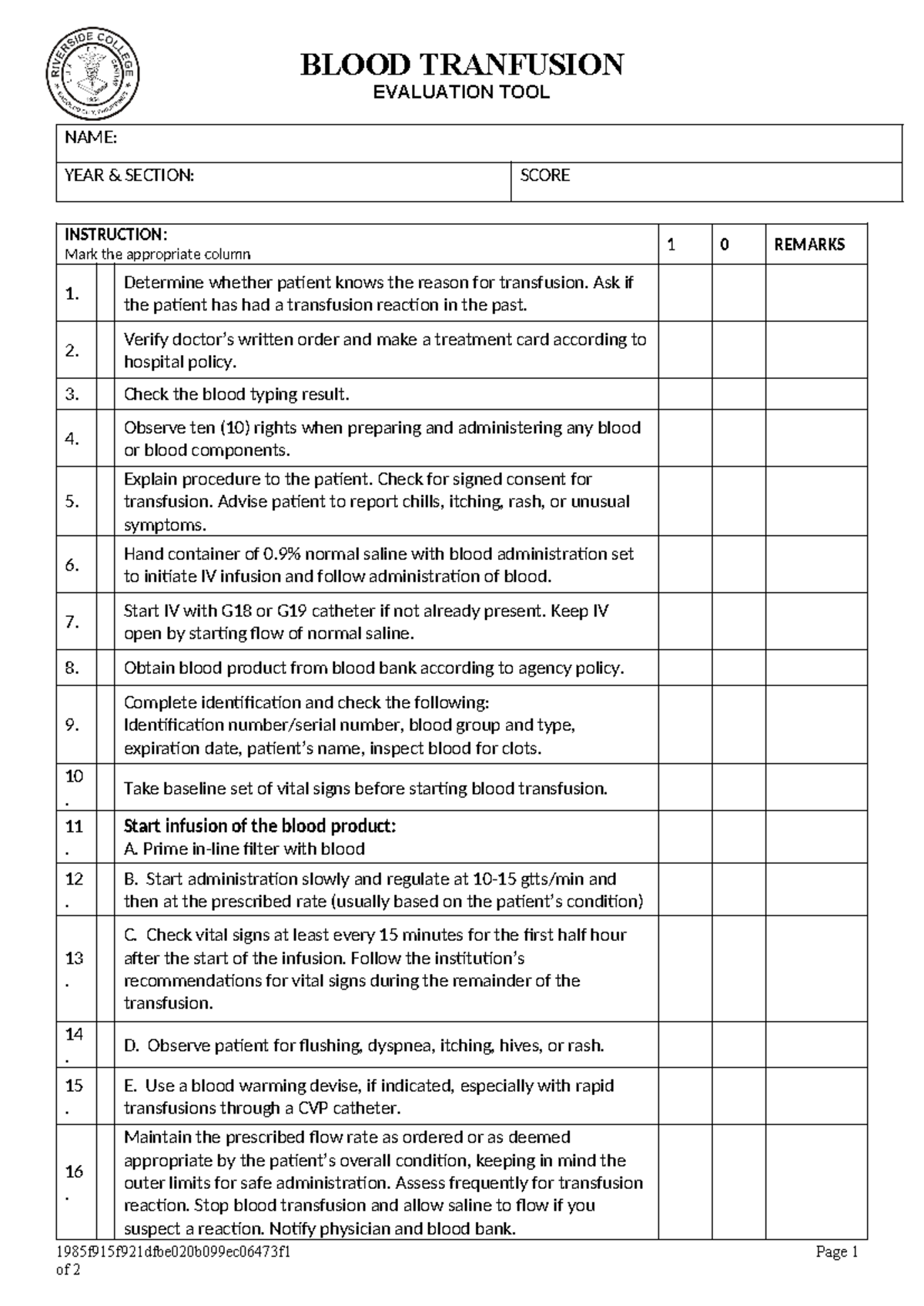 Blood Transfusion Evaluation Tool copy - BLOOD TRANFUSION EVALUATION ...