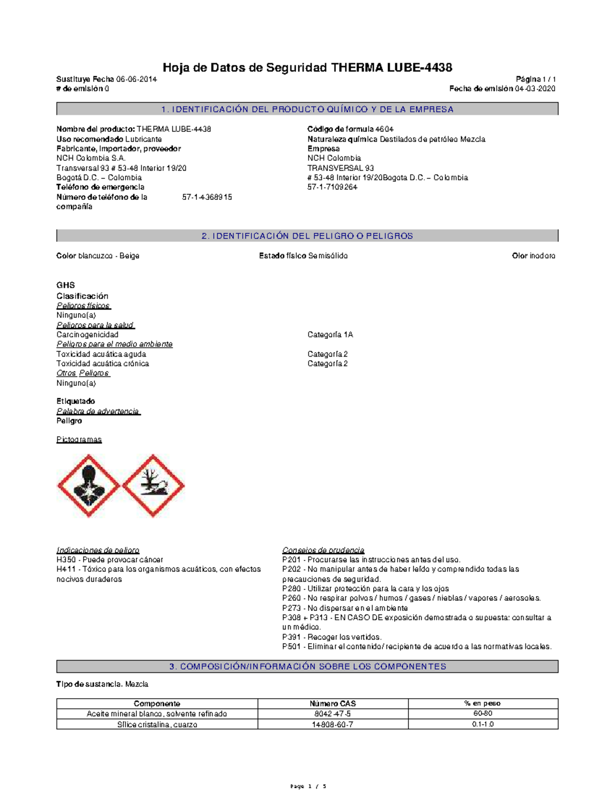 Thermal LUBE Hoja de seguridad de producto THERMA LUBE Hoja de