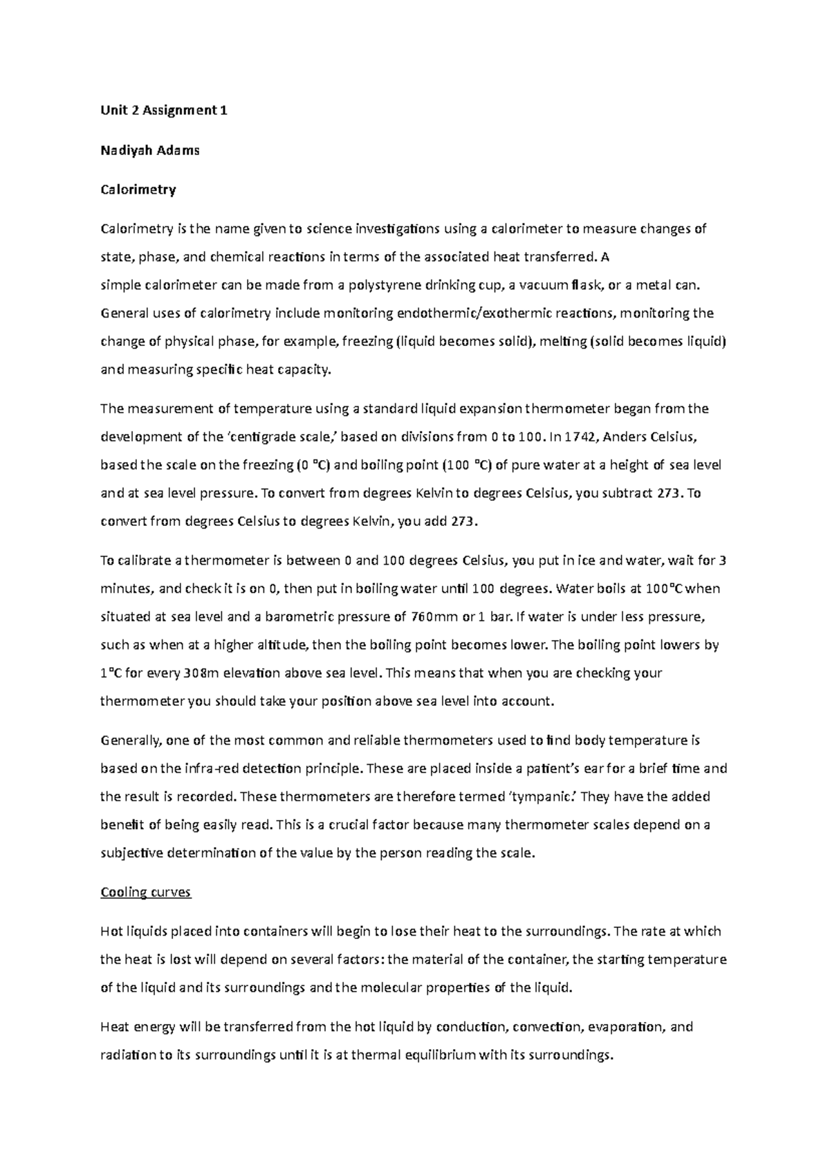 Unit 2 Assignment 1 Unit 2 Assignment 1 Nadiyah Adams Calorimetry