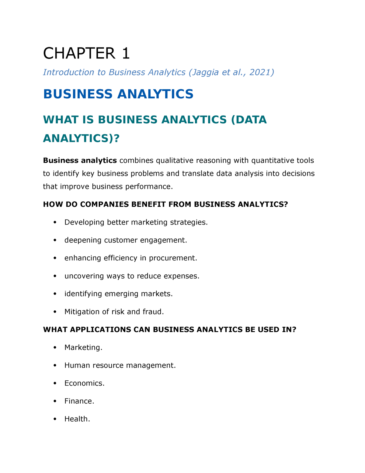 Chapter 1 Introduction To Business Analytics - CHAPTER 1 Introduction ...