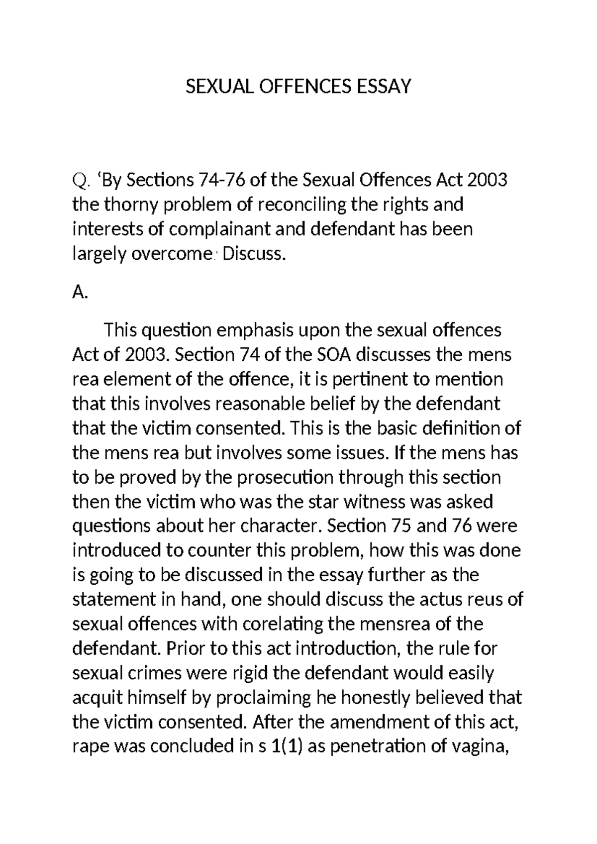 Sexual Offences Essay - SEXUAL OFFENCES ESSAY Q. ‘By Sections 74-76 of ...