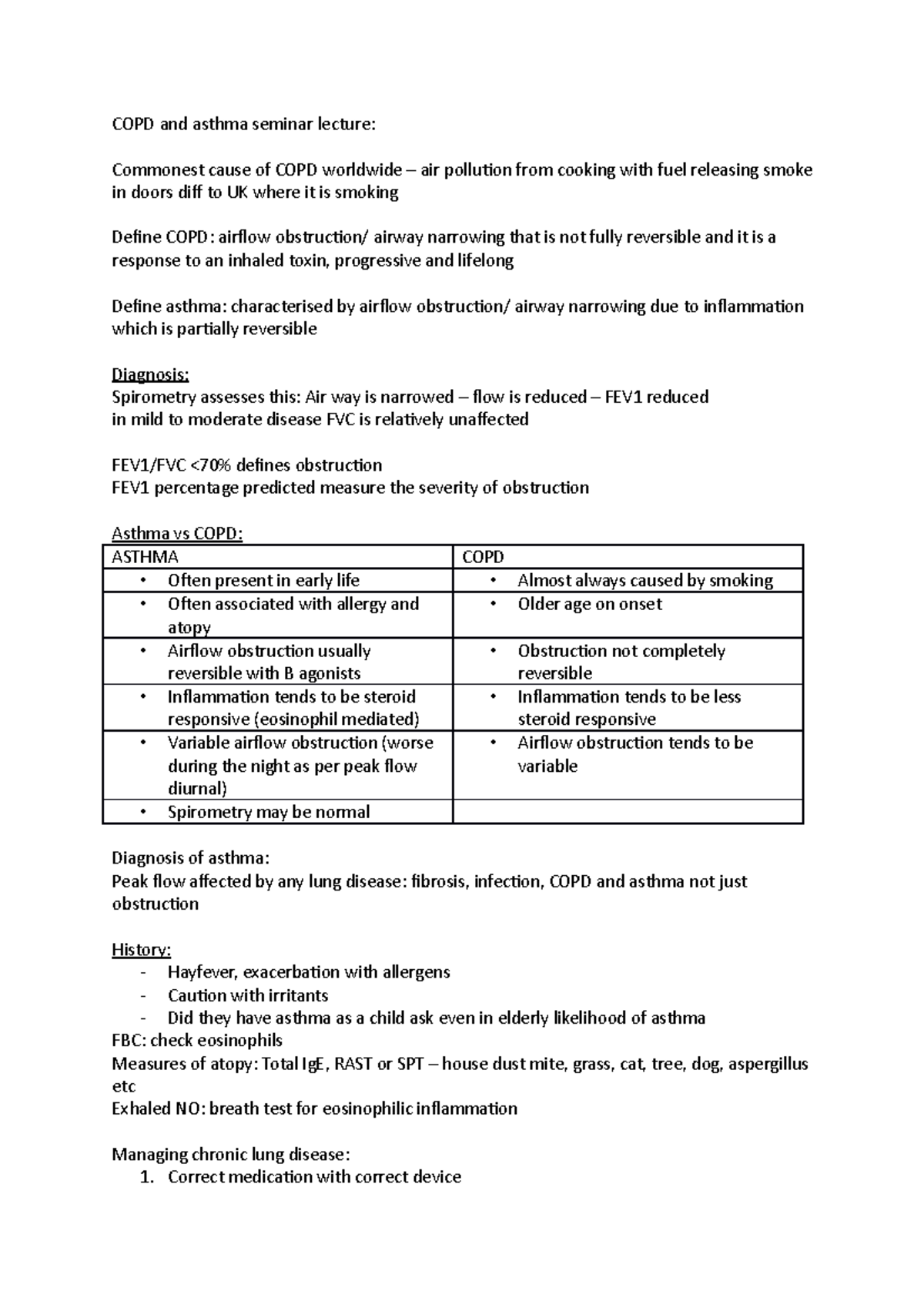 COPD and asthma notes - HHS518 - Southampton - Studocu