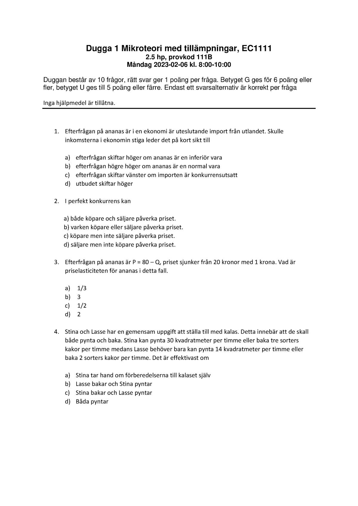 EC1111 Dugga 1 230206 - Dugga 1 Mikroteori Med Tillämpningar, EC 2 Hp ...