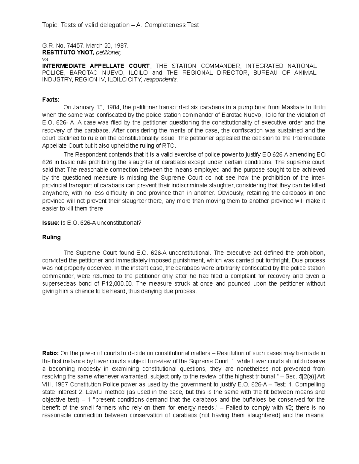 15 Ynot v Intermediate Appellate Court - Topic: Tests of valid ...